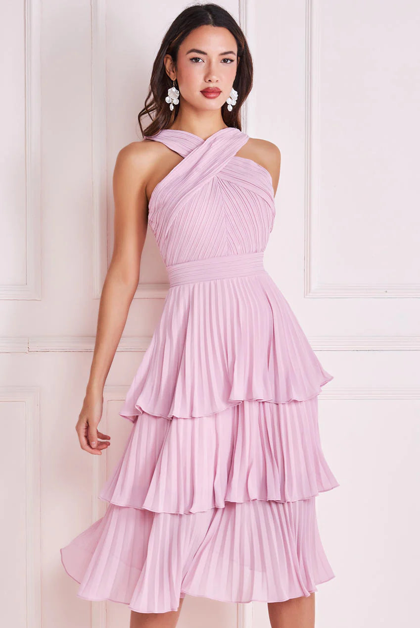 Pleated Bodice Plain Chiffon Tiered Midi Dress Akura Clothing Pleated Bodice Plain Chiffon Tiered Midi Dress Akura Clothing