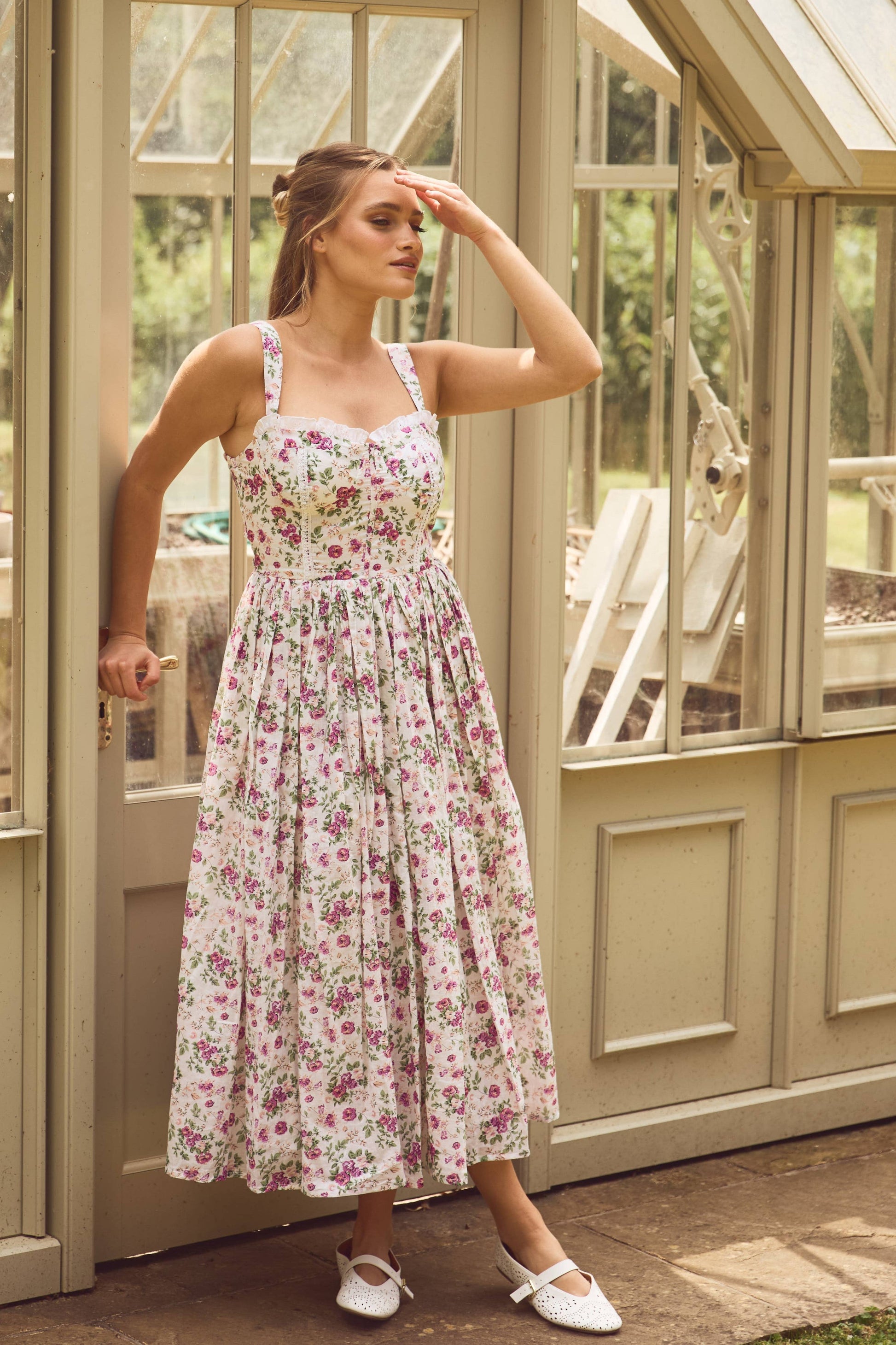 Dane Cotton Pink Purple Floral Corset Midi Dress
