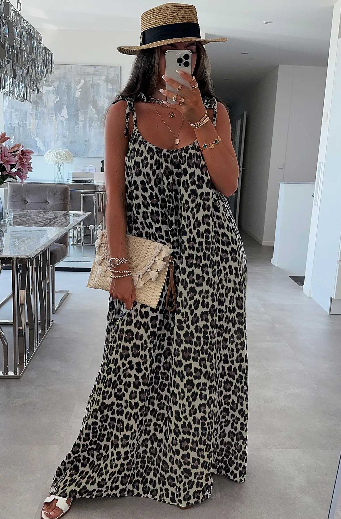 Cotton Gauze Style Tie-Up Leopard Print Maxi Dress-Brown