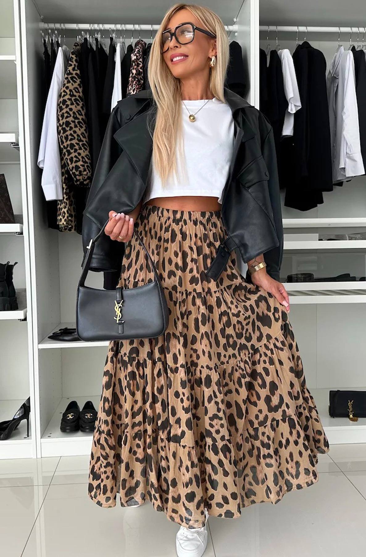 Leopard Print Tiered Maxi Skirt-Brown