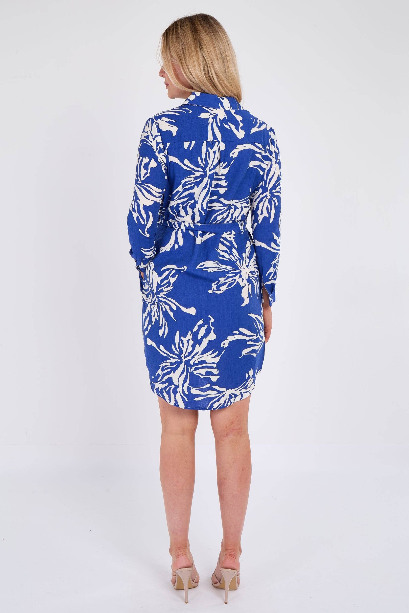 Cobalt Floral Print Mini Shirt Dress