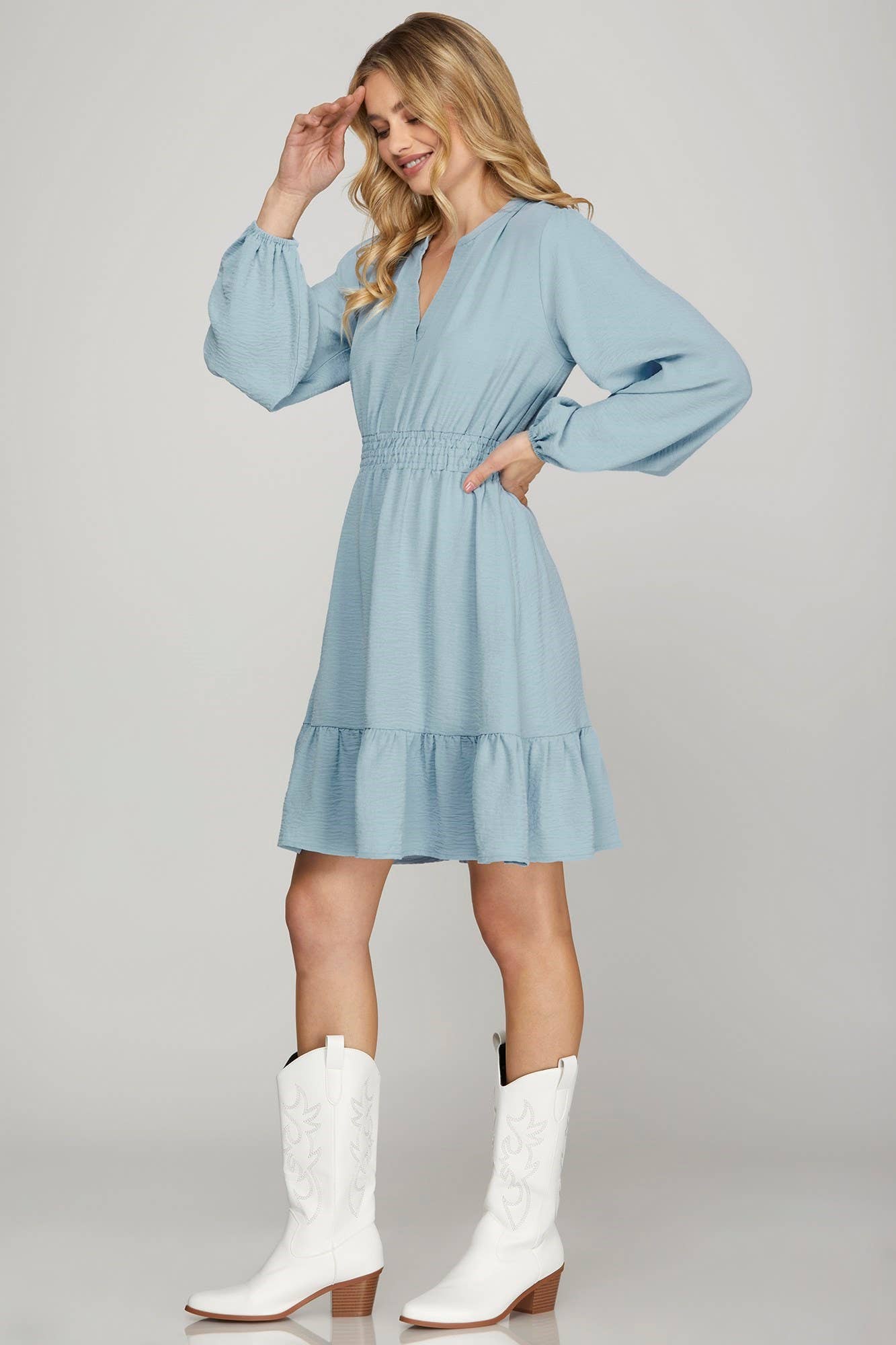 Long Sleeve Elastic Waist Woven Dress