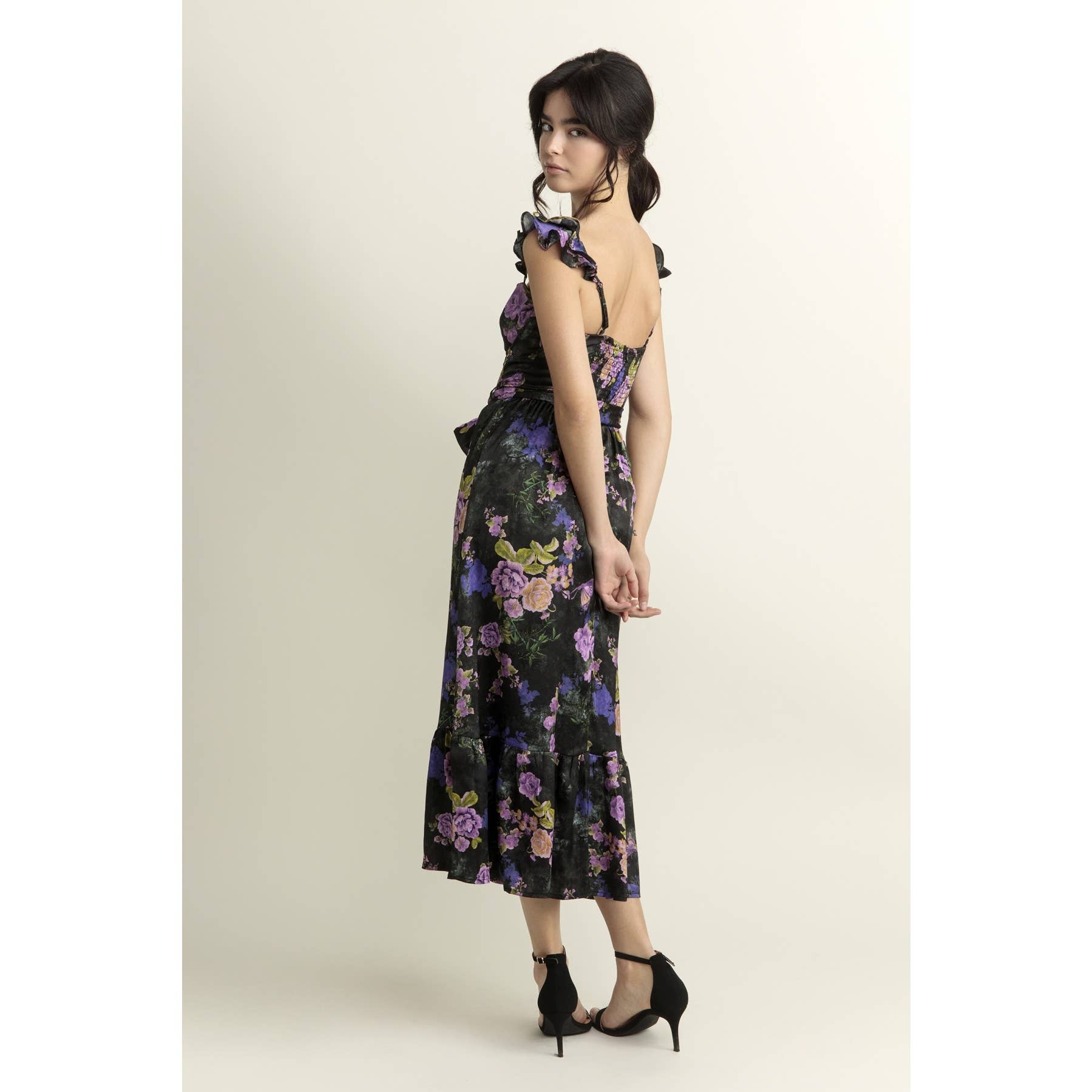 Bright Floral Corset Ruffled Midi Dress