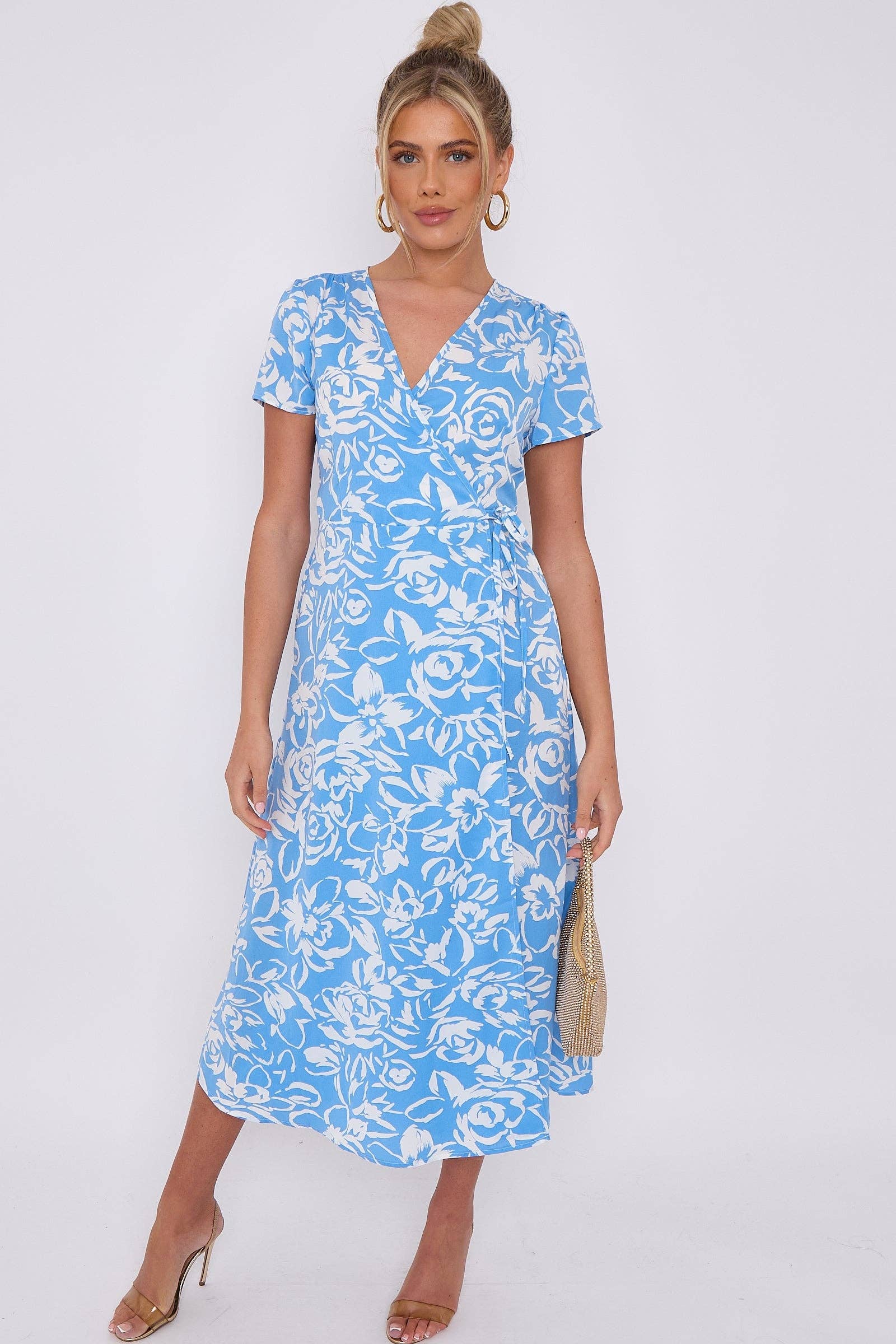 Blue Floral Print Wrapped Midi Dress