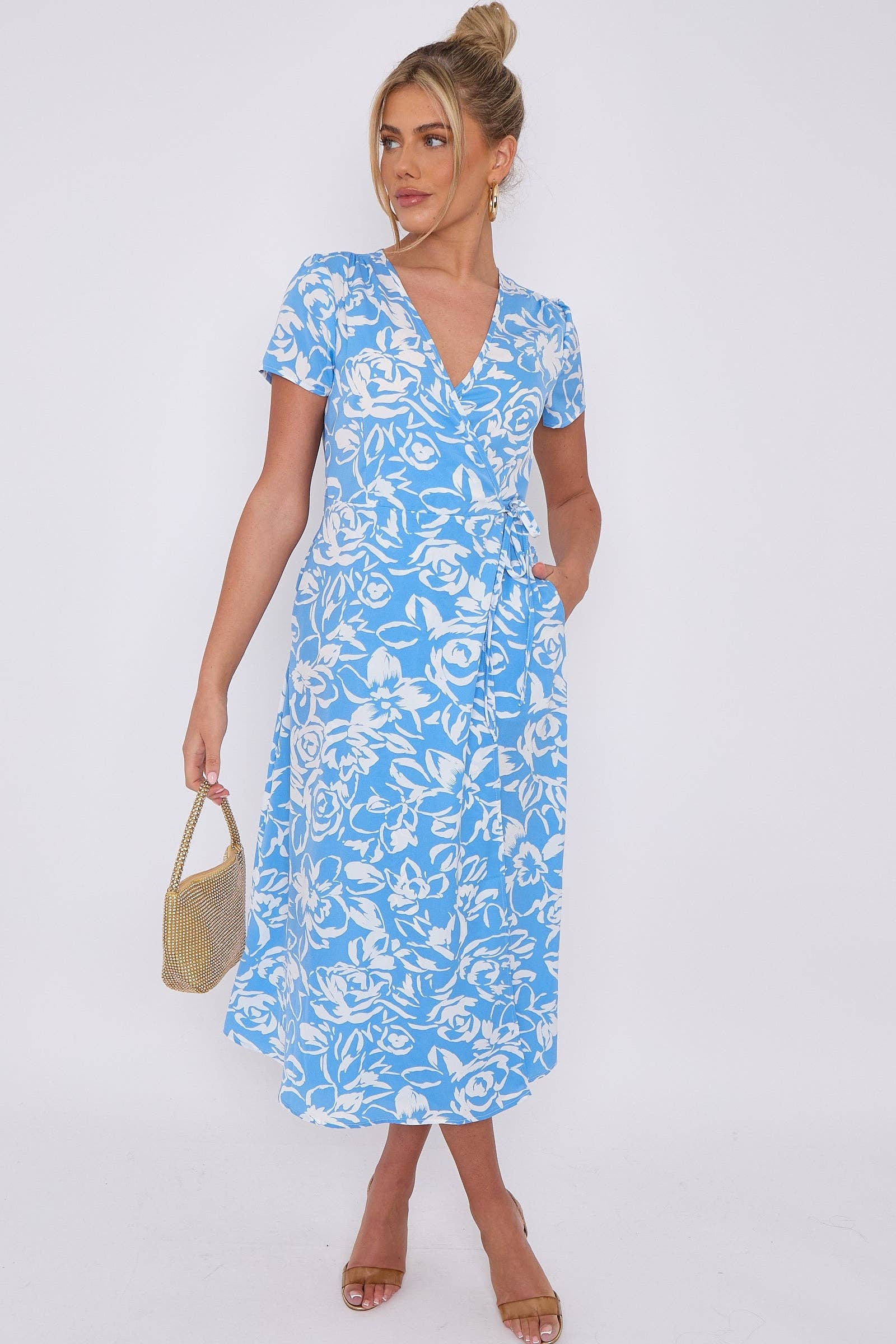 Blue Floral Print Wrapped Midi Dress