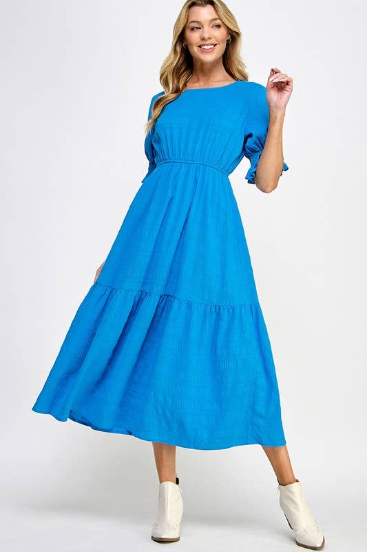 Ruffle Puff Sleeves Tiered Midi Dress