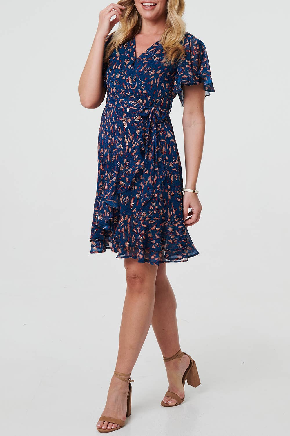 Printed Frill Hem Wrap Waist Mini Dress