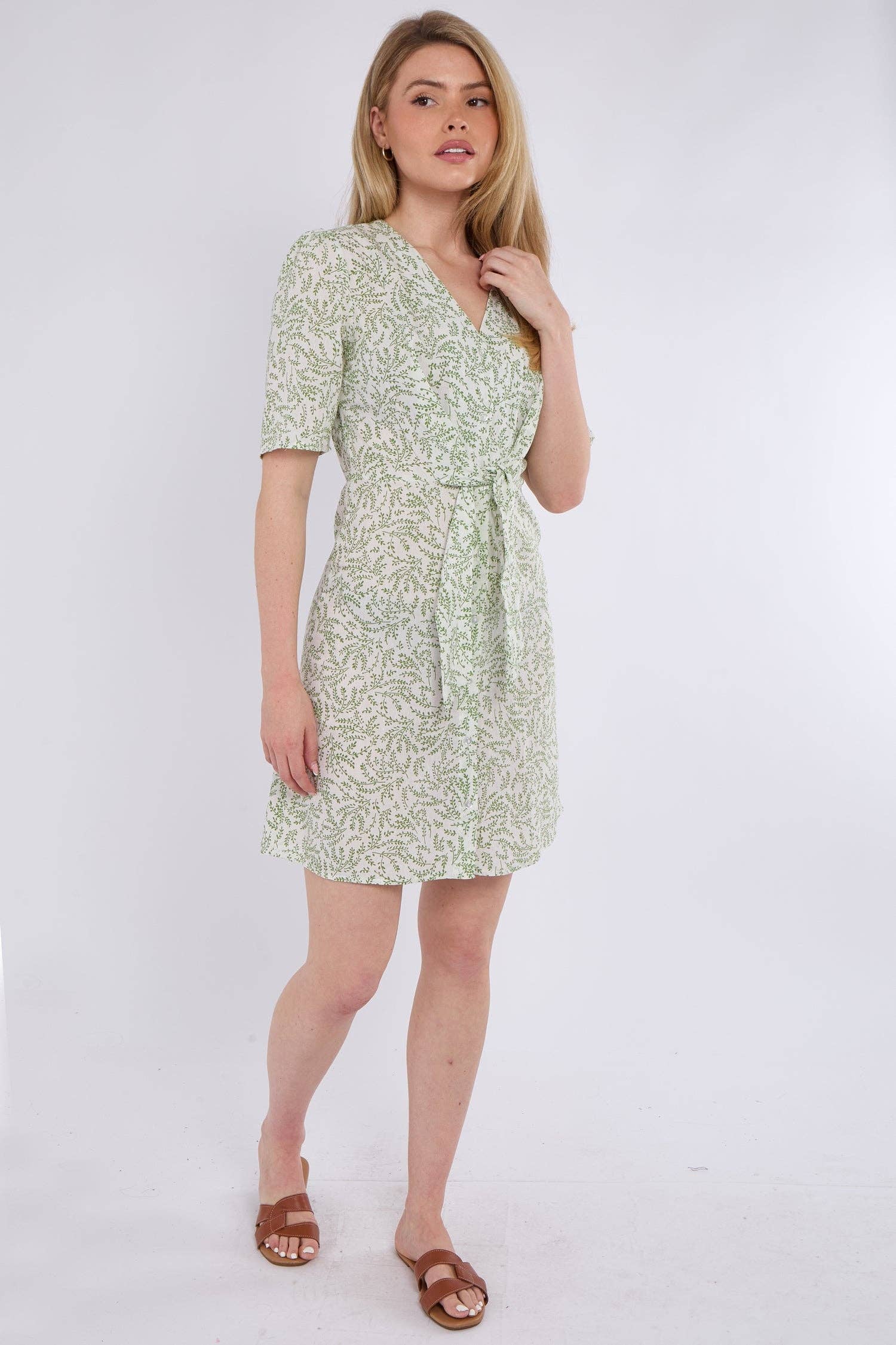 Light Green Leaf Print Knotted Mini Dress
