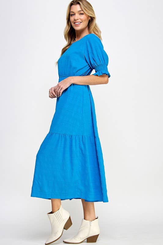 Ruffle Puff Sleeves Tiered Midi Dress