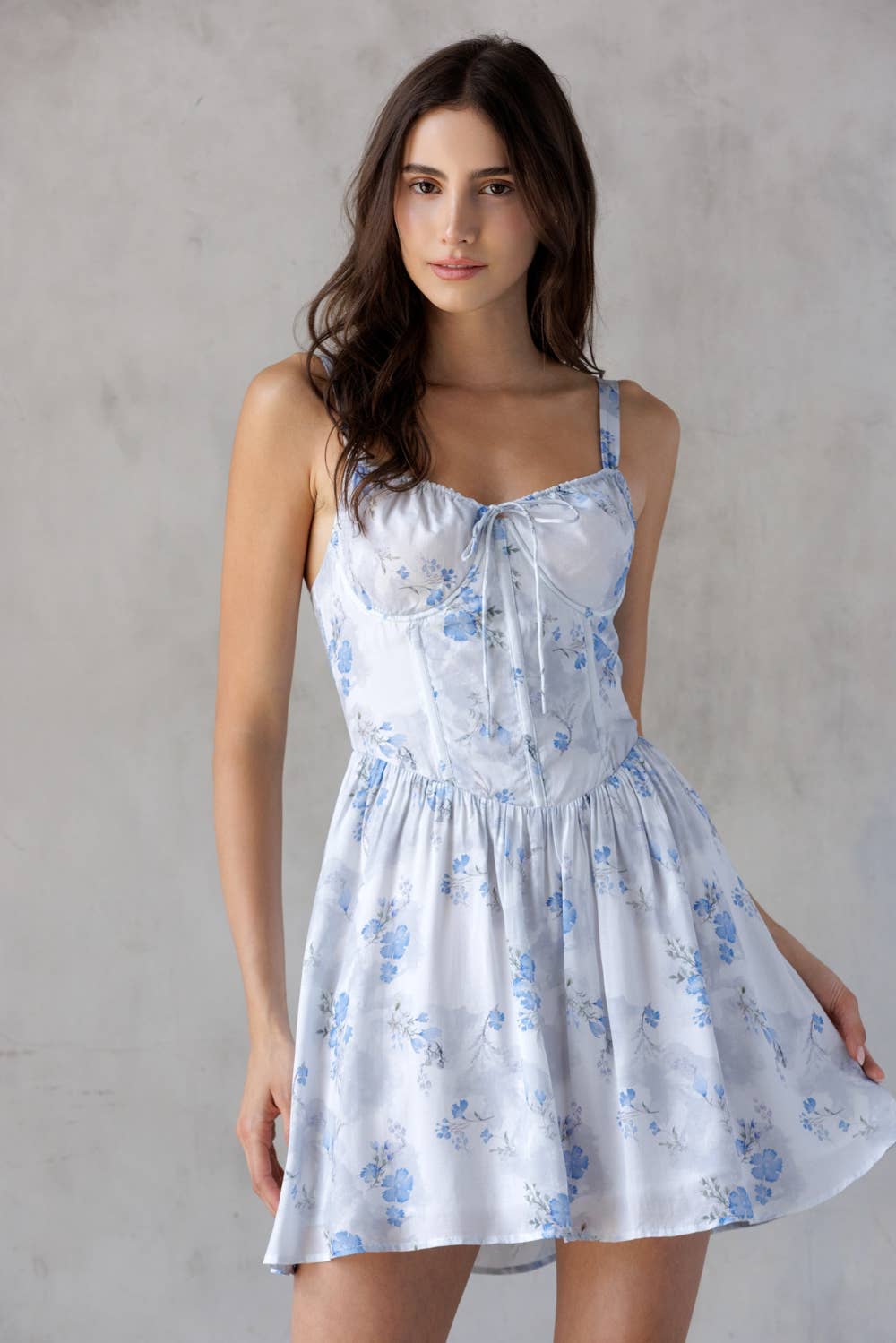Blue Floral Corset-Style Mini Dress