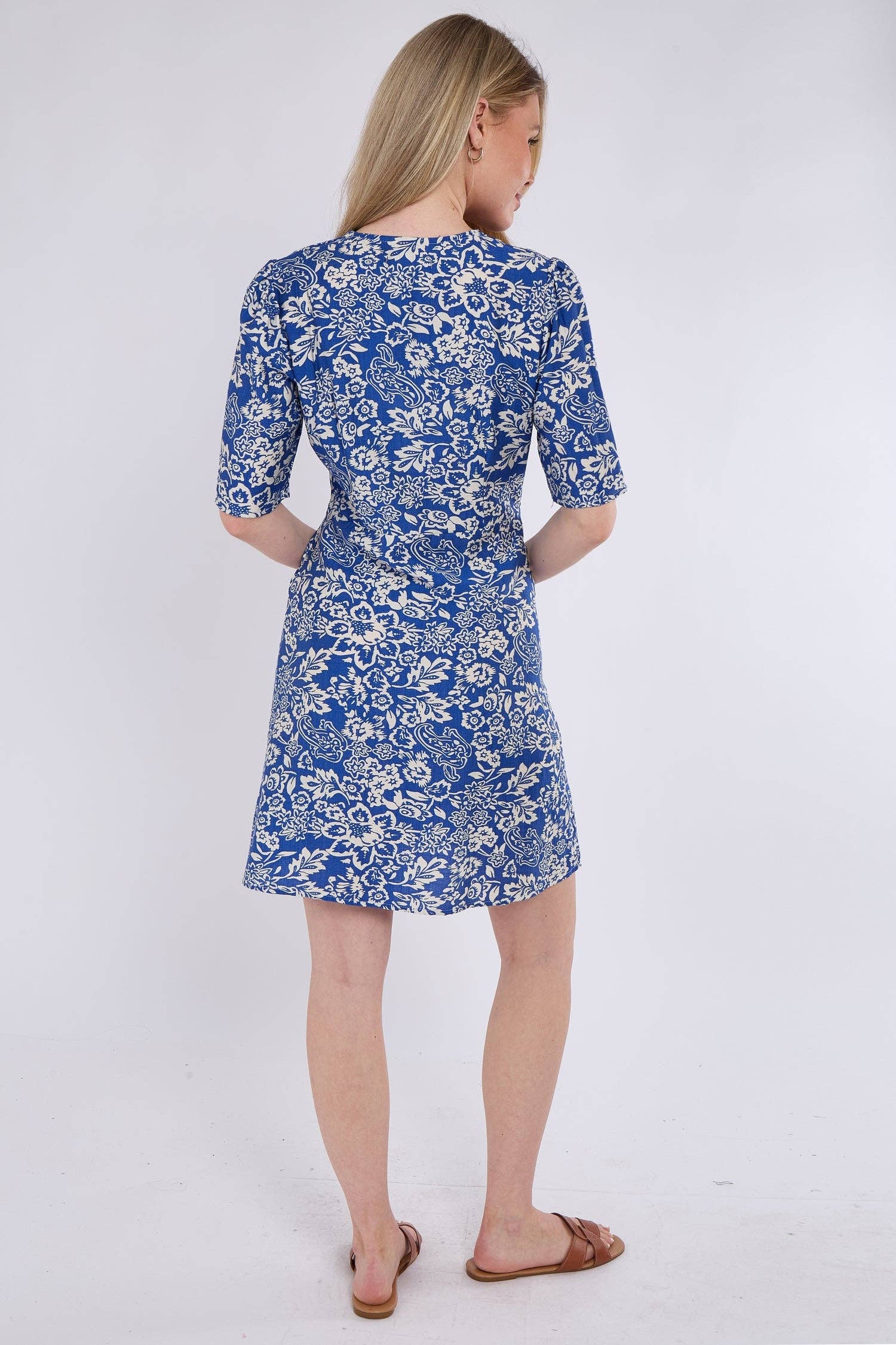 Blue Paisley Floral Print Knotted Mini Dress