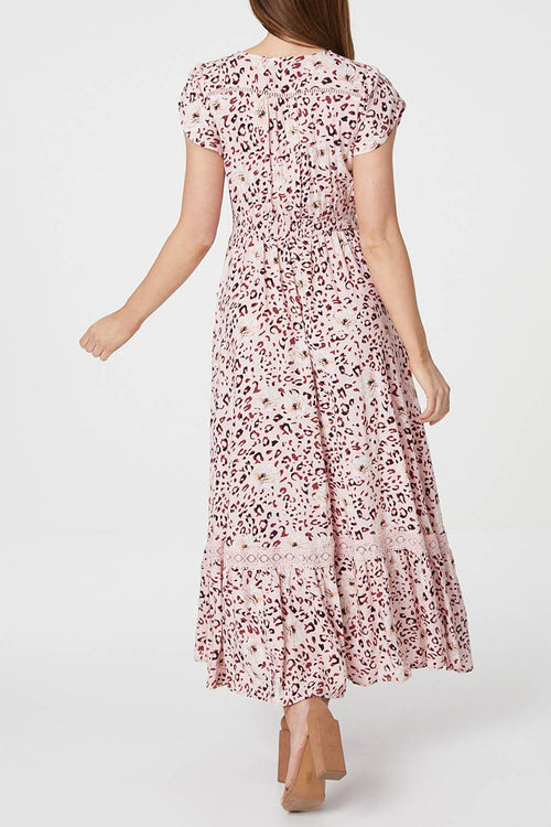 Animal Print Cap Sleeve Lace Maxi Dress