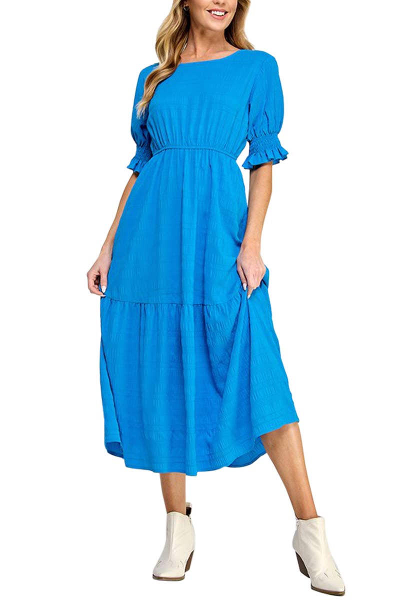 Ruffle Puff Sleeves Tiered Midi Dress