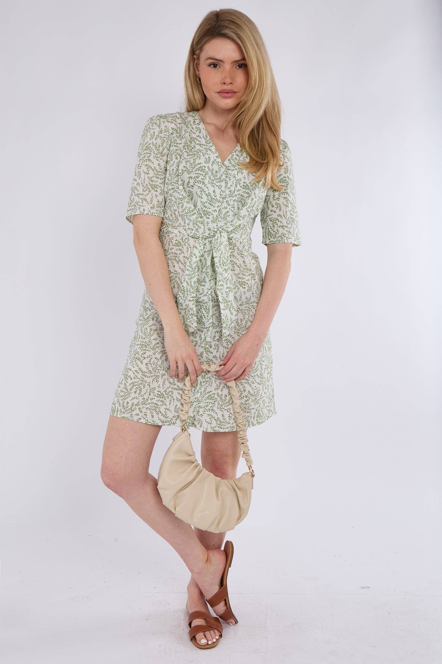 Light Green Leaf Print Knotted Mini Dress