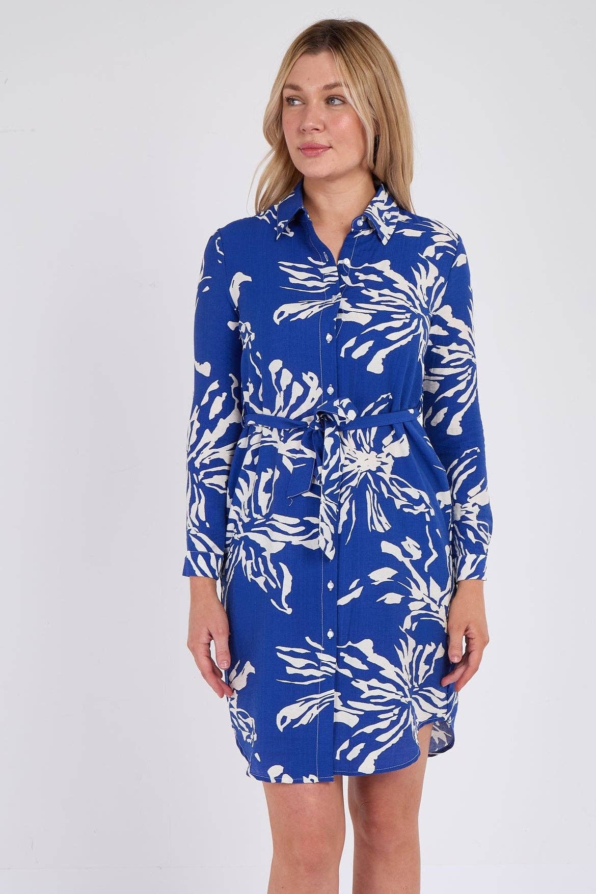 Cobalt Floral Print Mini Shirt Dress