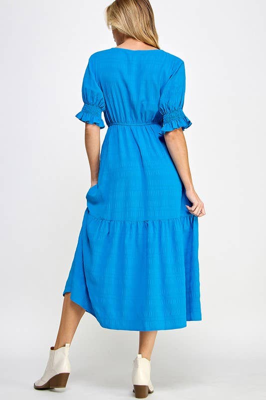 Ruffle Puff Sleeves Tiered Midi Dress