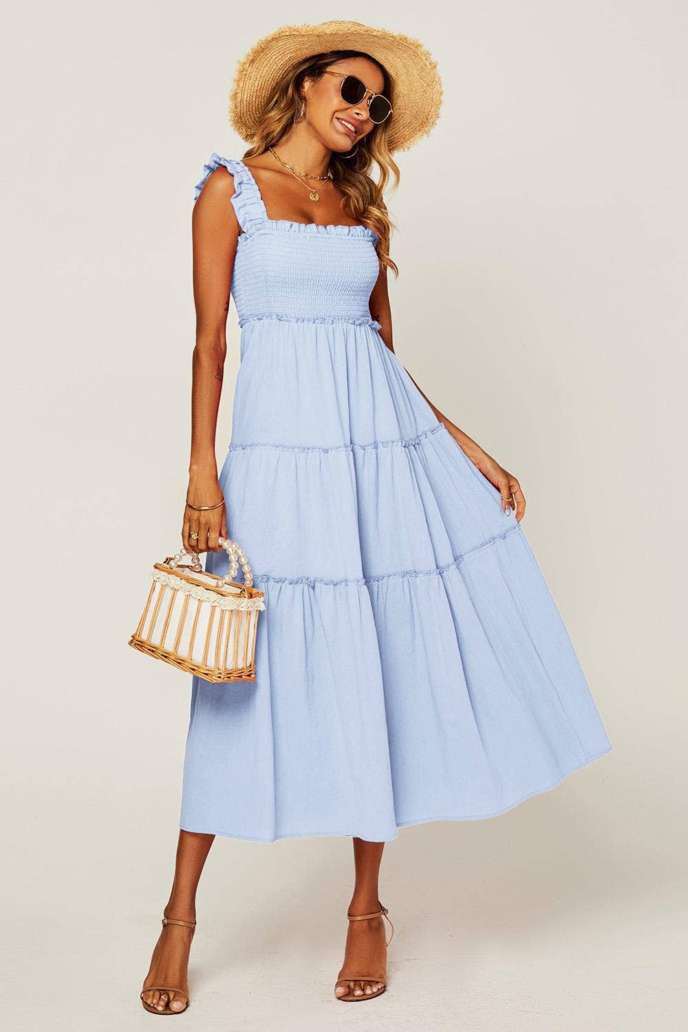 Hem Detail Tiered Maxi Dress In Light Blue