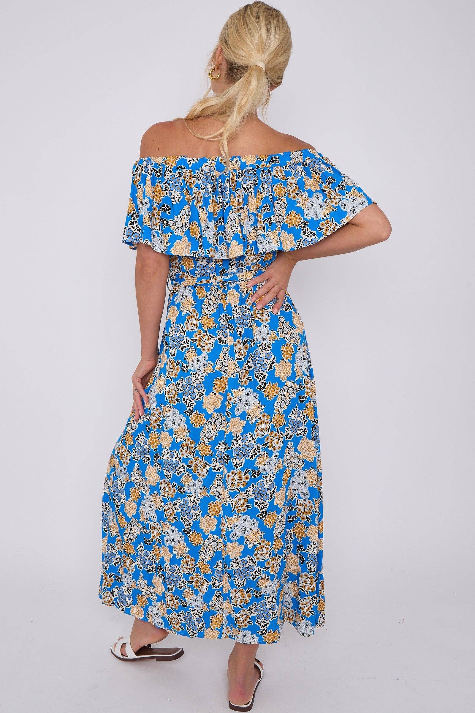 Blue Floral Print Bardot Maxi Dress