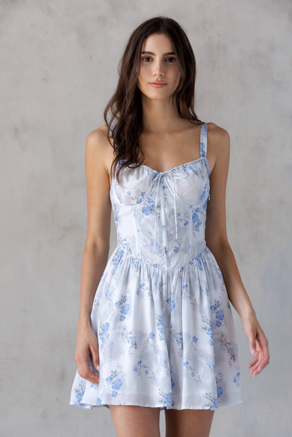 Blue Floral Corset-Style Mini Dress