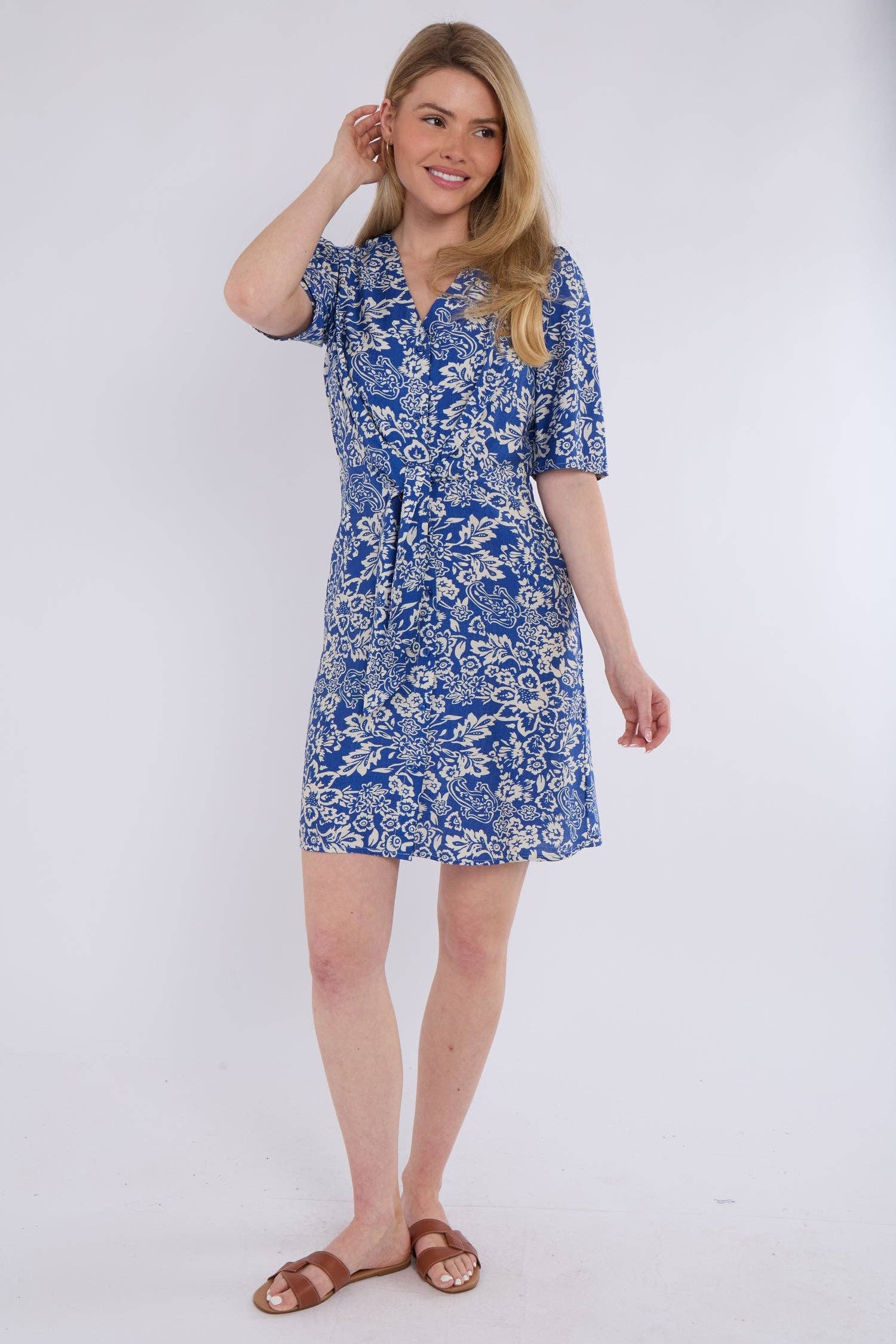 Blue Paisley Floral Print Knotted Mini Dress