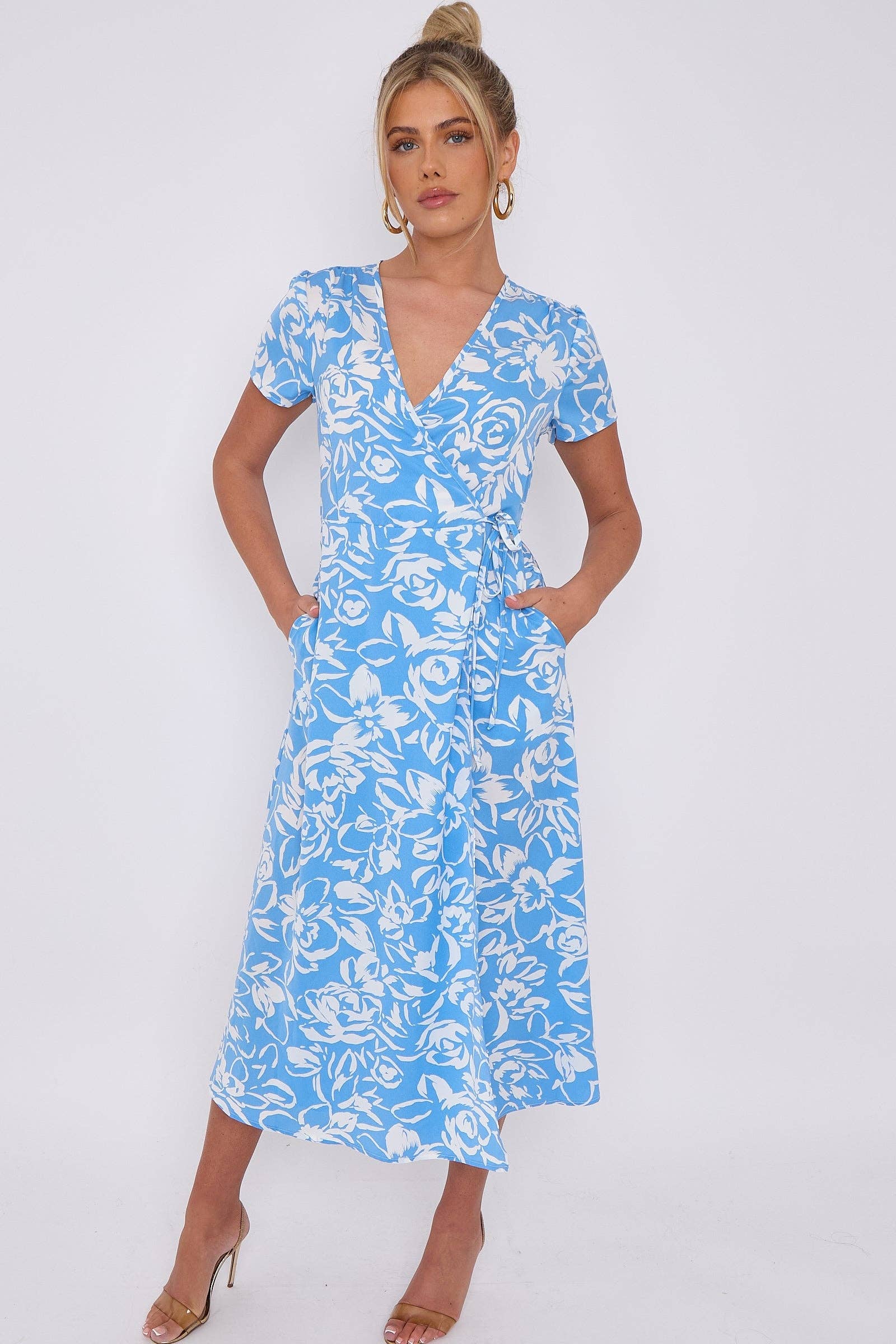 Blue Floral Print Wrapped Midi Dress