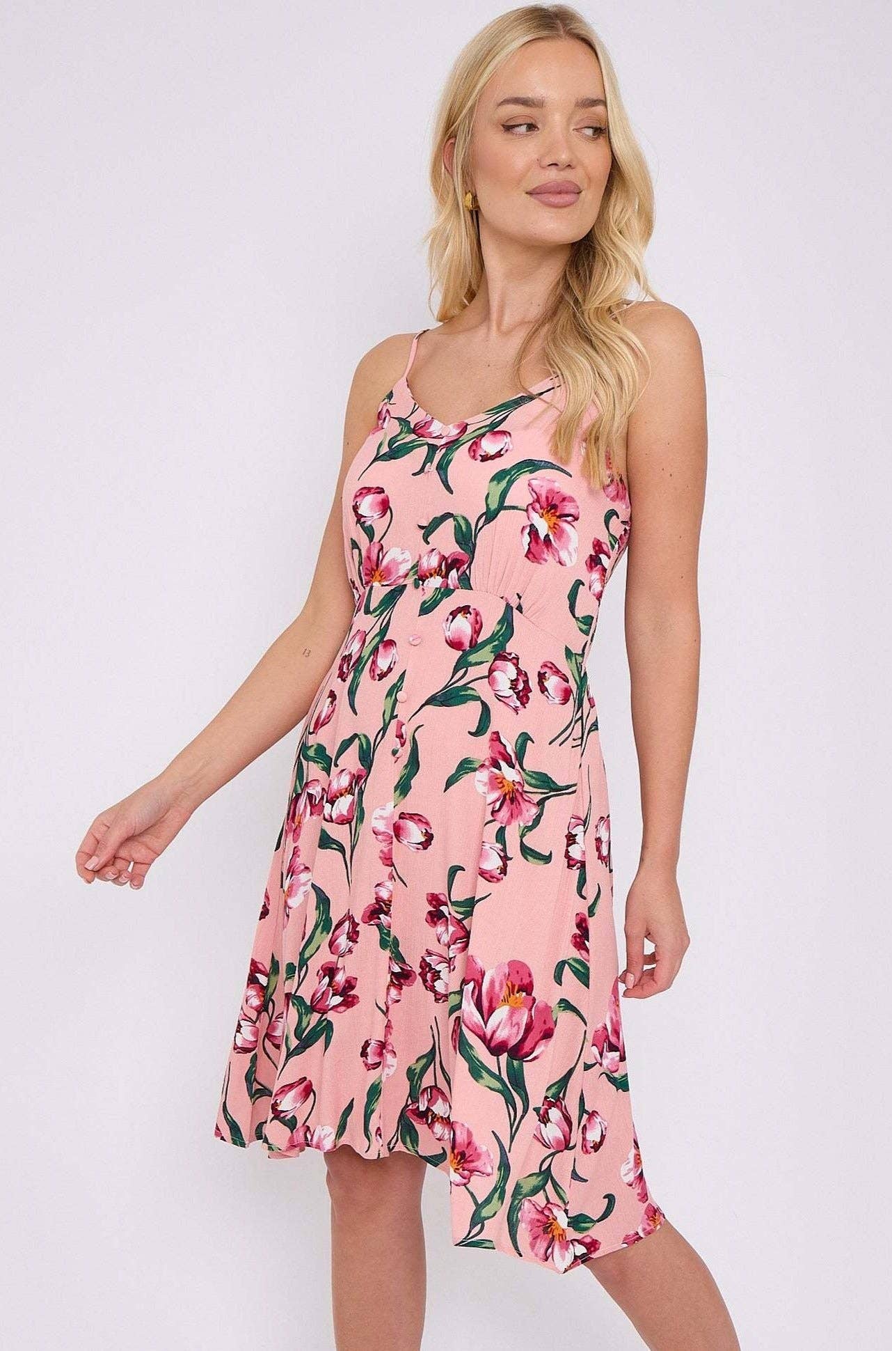 Pink Floral Print Cheesecloth Strap Mini Dress