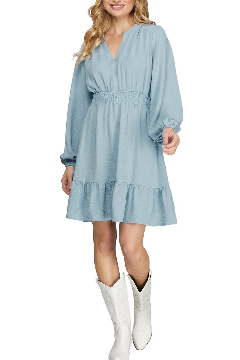 Long Sleeve Elastic Waist Woven Dress