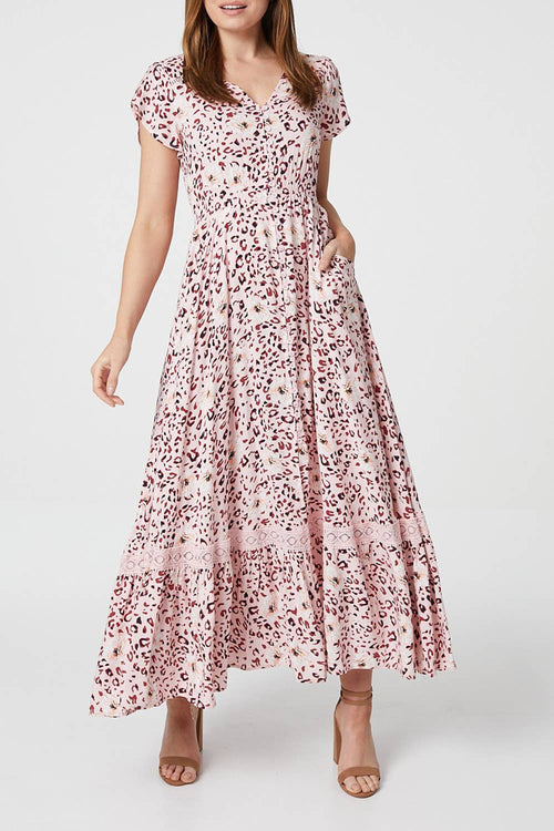Animal Print Cap Sleeve Lace Maxi Dress