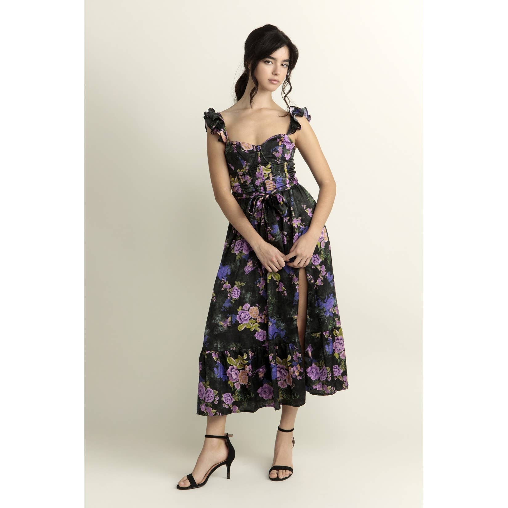 Bright Floral Corset Ruffled Midi Dress