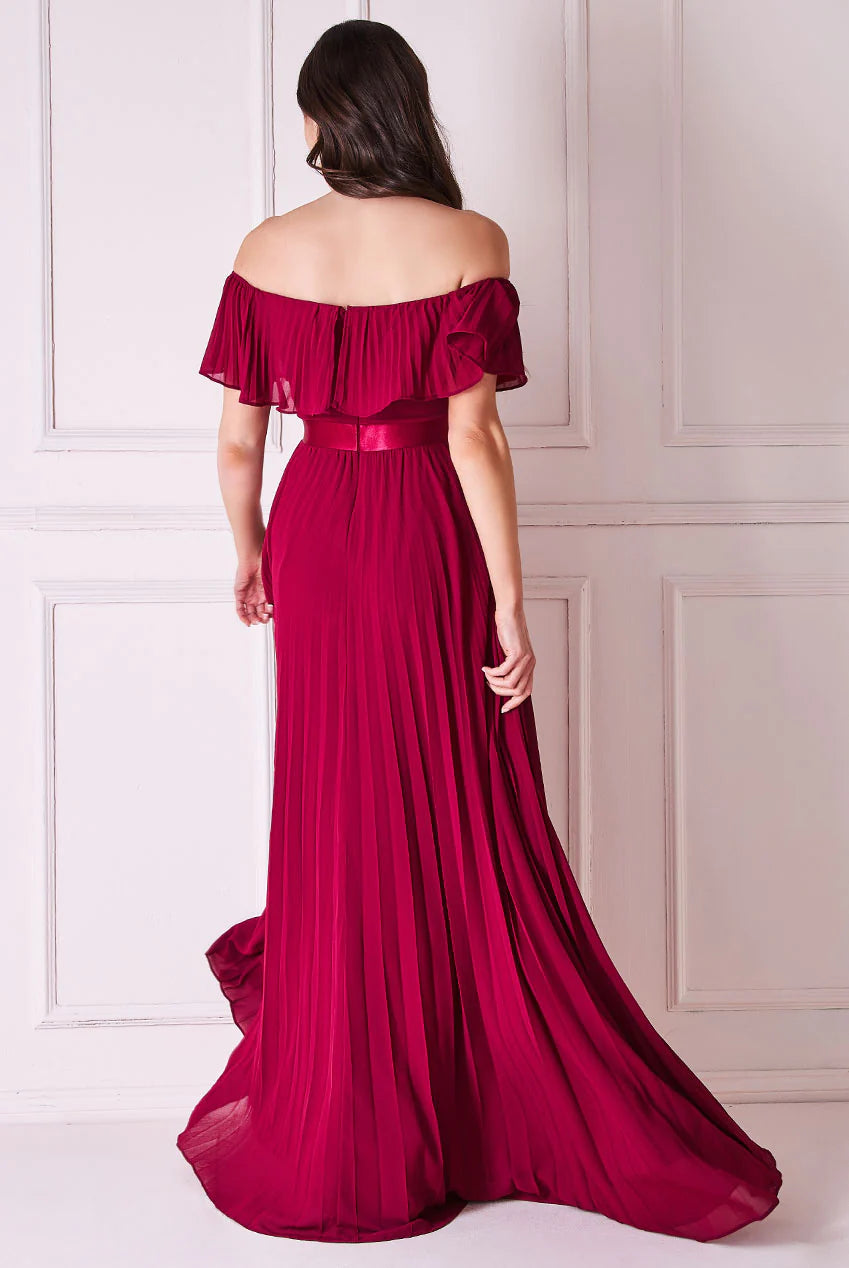 Pleated Chiffon Off Shoulder Maxi Dress