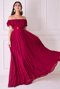 Pleated Chiffon Off Shoulder Maxi Dress