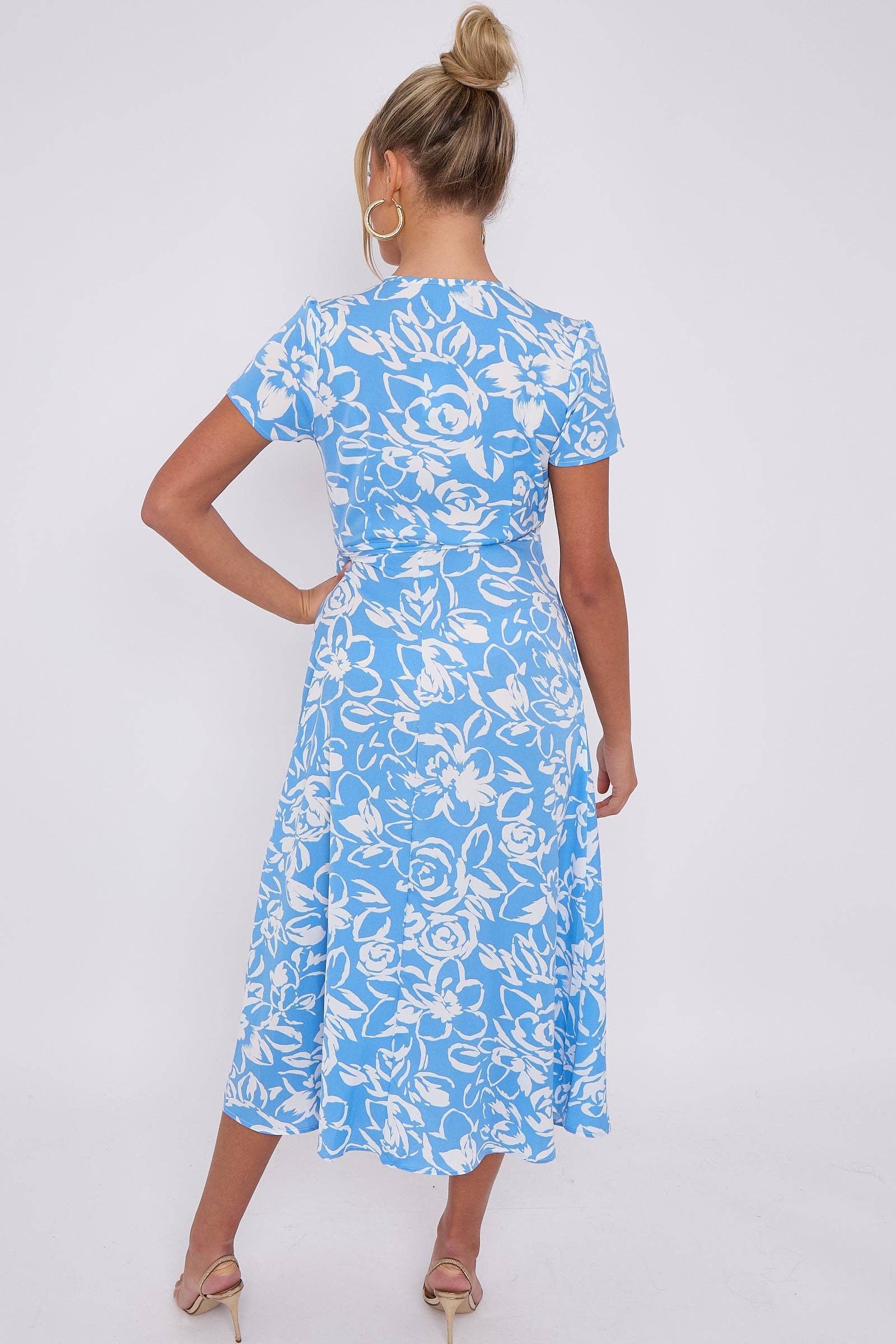 Blue Floral Print Wrapped Midi Dress