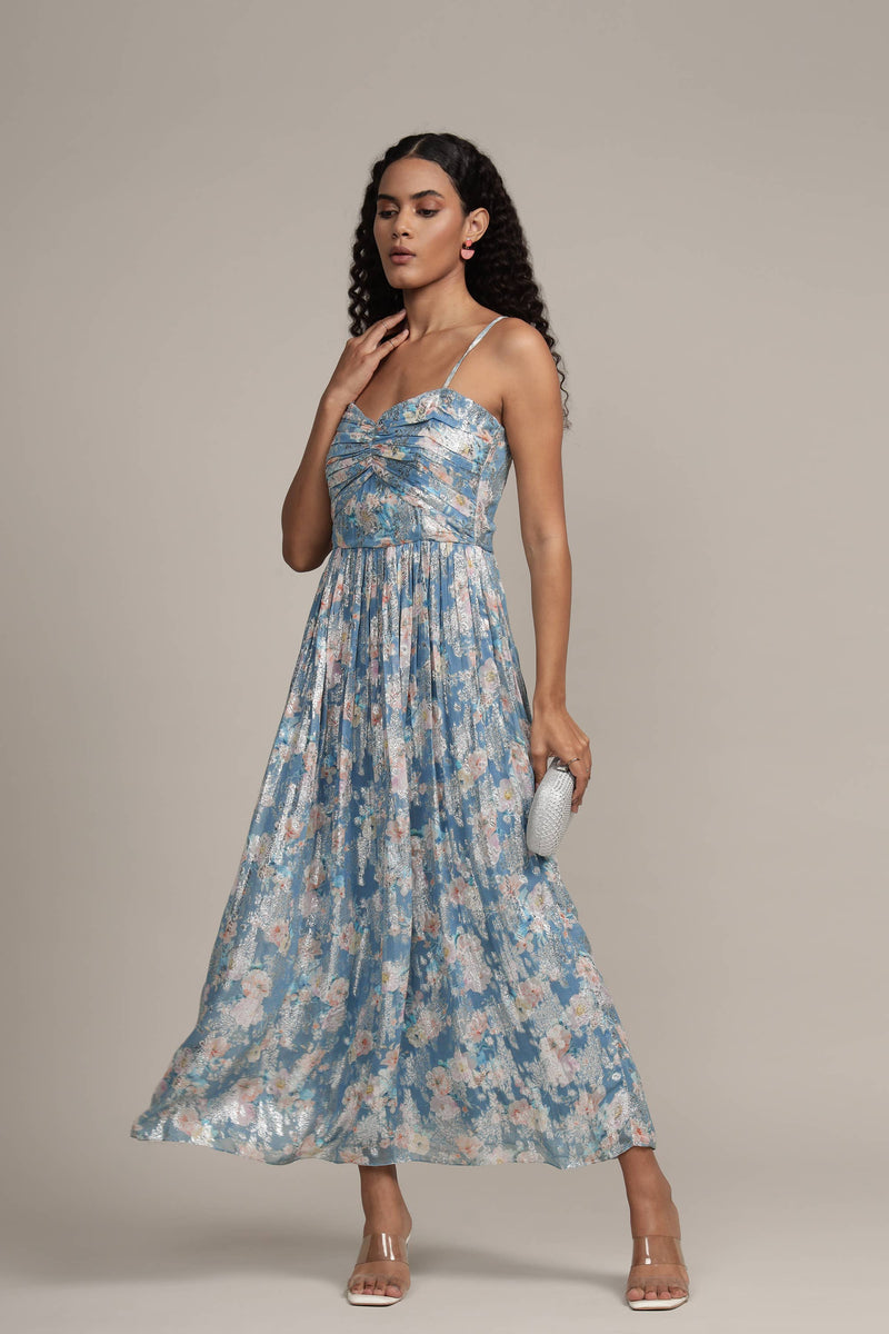 Nelex Metallic Printed Midi Dress in Blue
