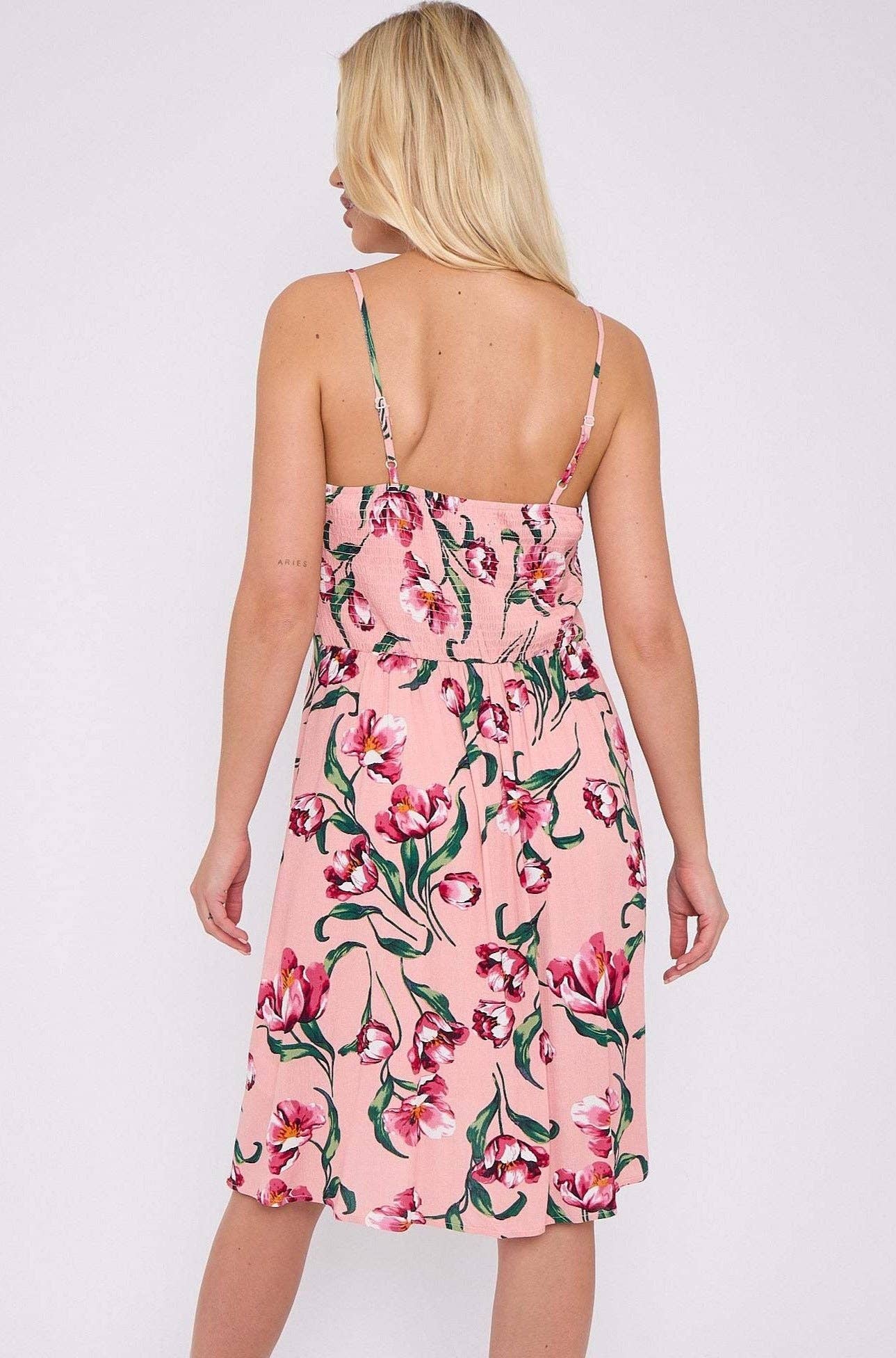 Pink Floral Print Cheesecloth Strap Mini Dress