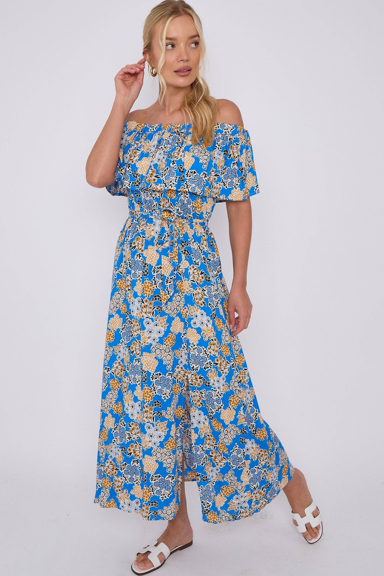 Blue Floral Print Bardot Maxi Dress
