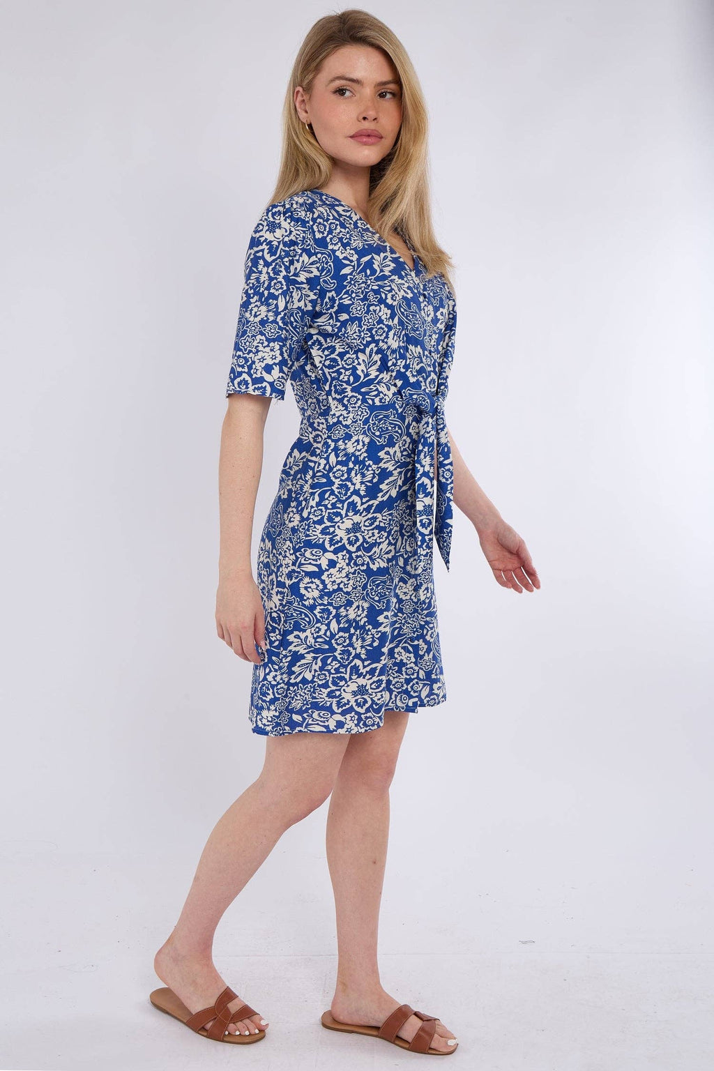 Blue Paisley Floral Print Knotted Mini Dress