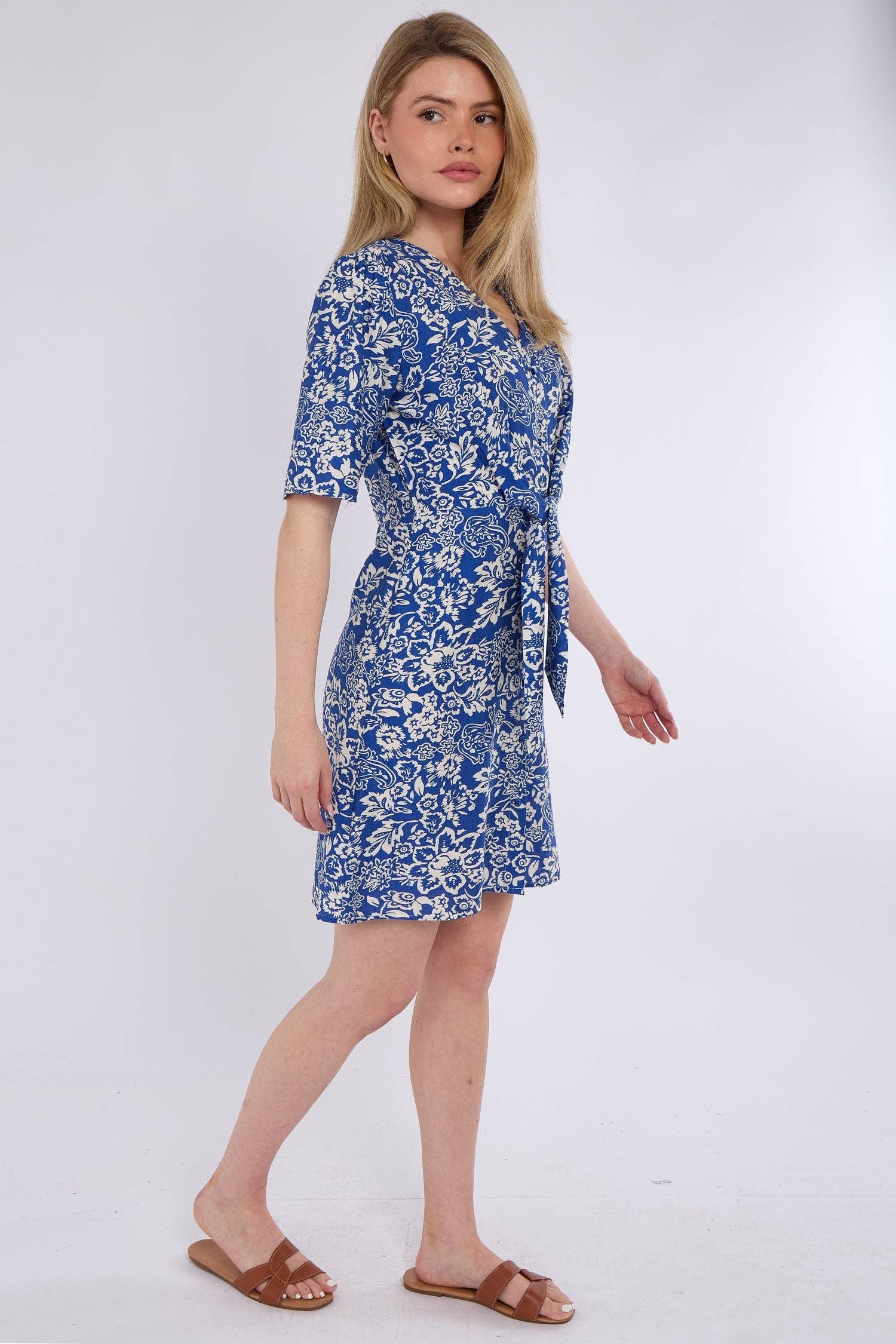 Blue Paisley Floral Print Knotted Mini Dress