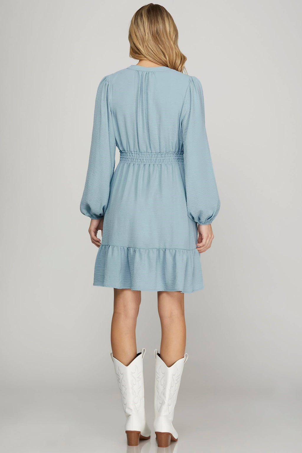 Long Sleeve Elastic Waist Woven Dress