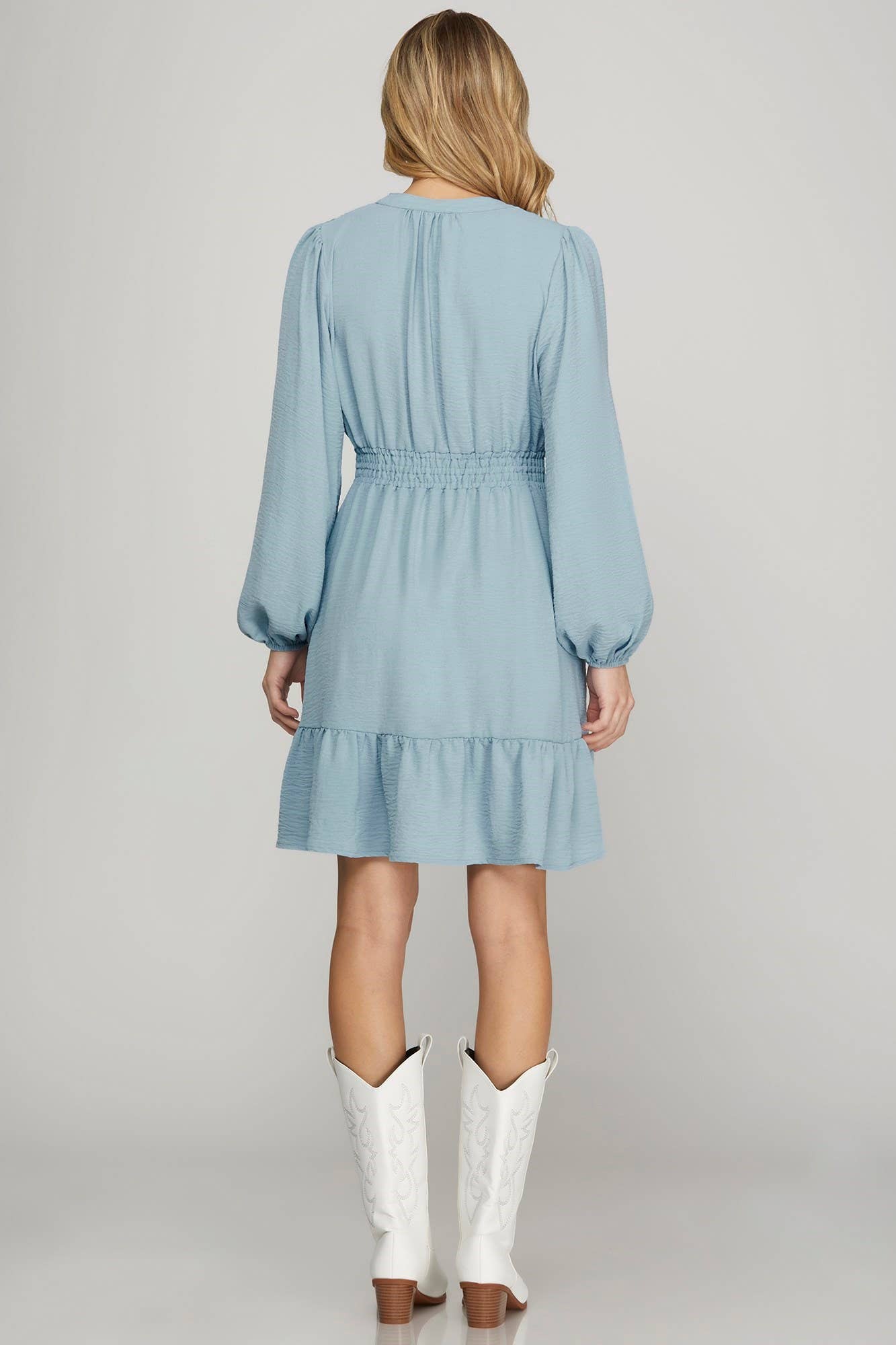 Long Sleeve Elastic Waist Woven Dress