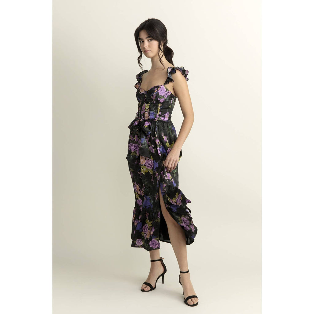 Bright Floral Corset Ruffled Midi Dress