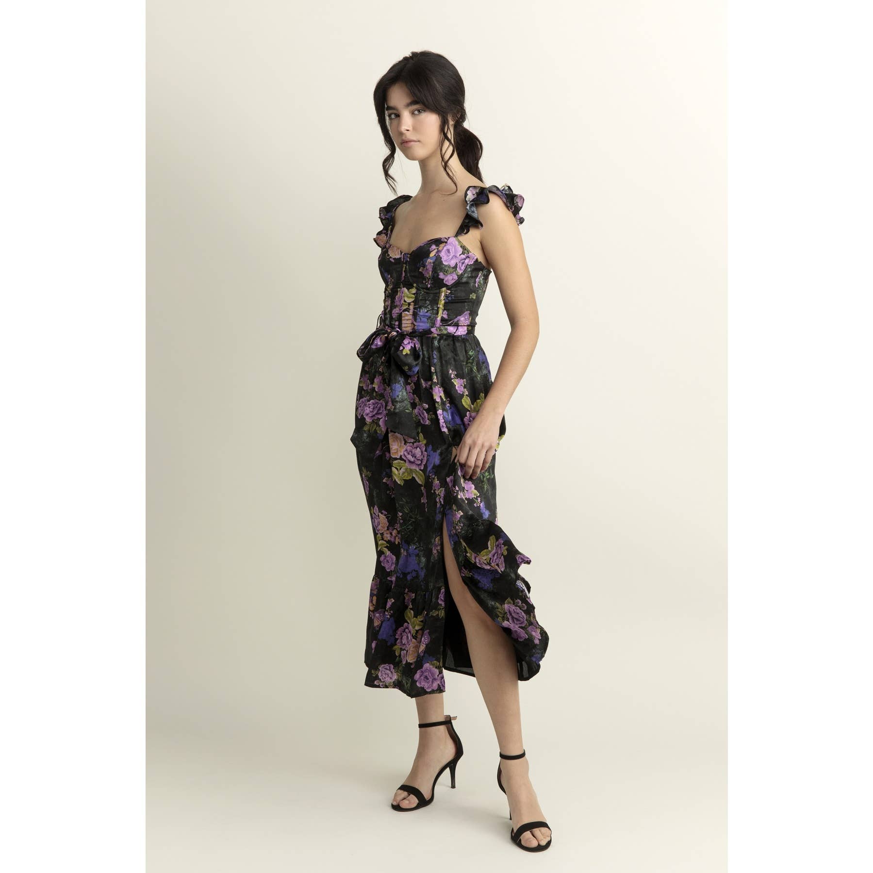 Bright Floral Corset Ruffled Midi Dress