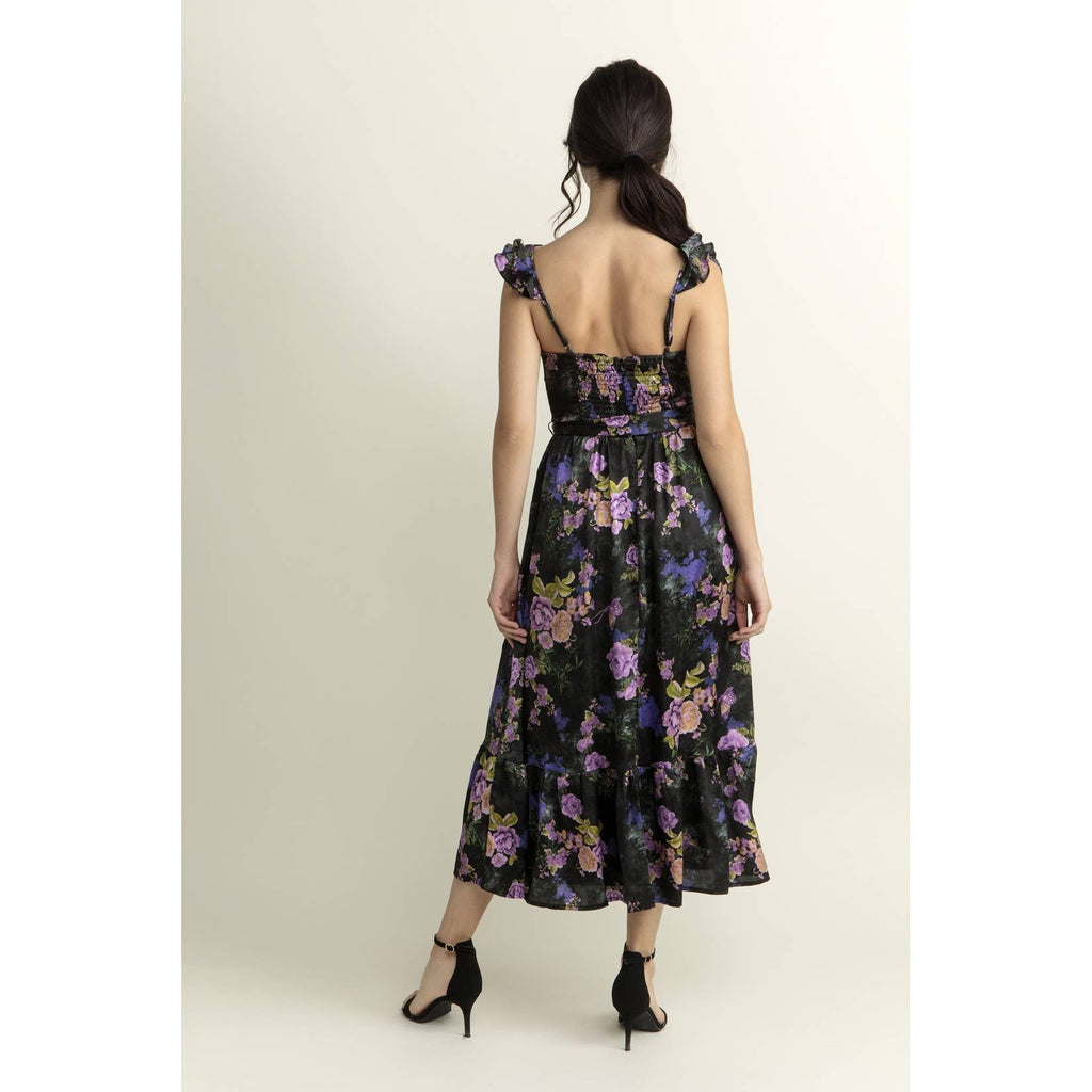 Bright Floral Corset Ruffled Midi Dress