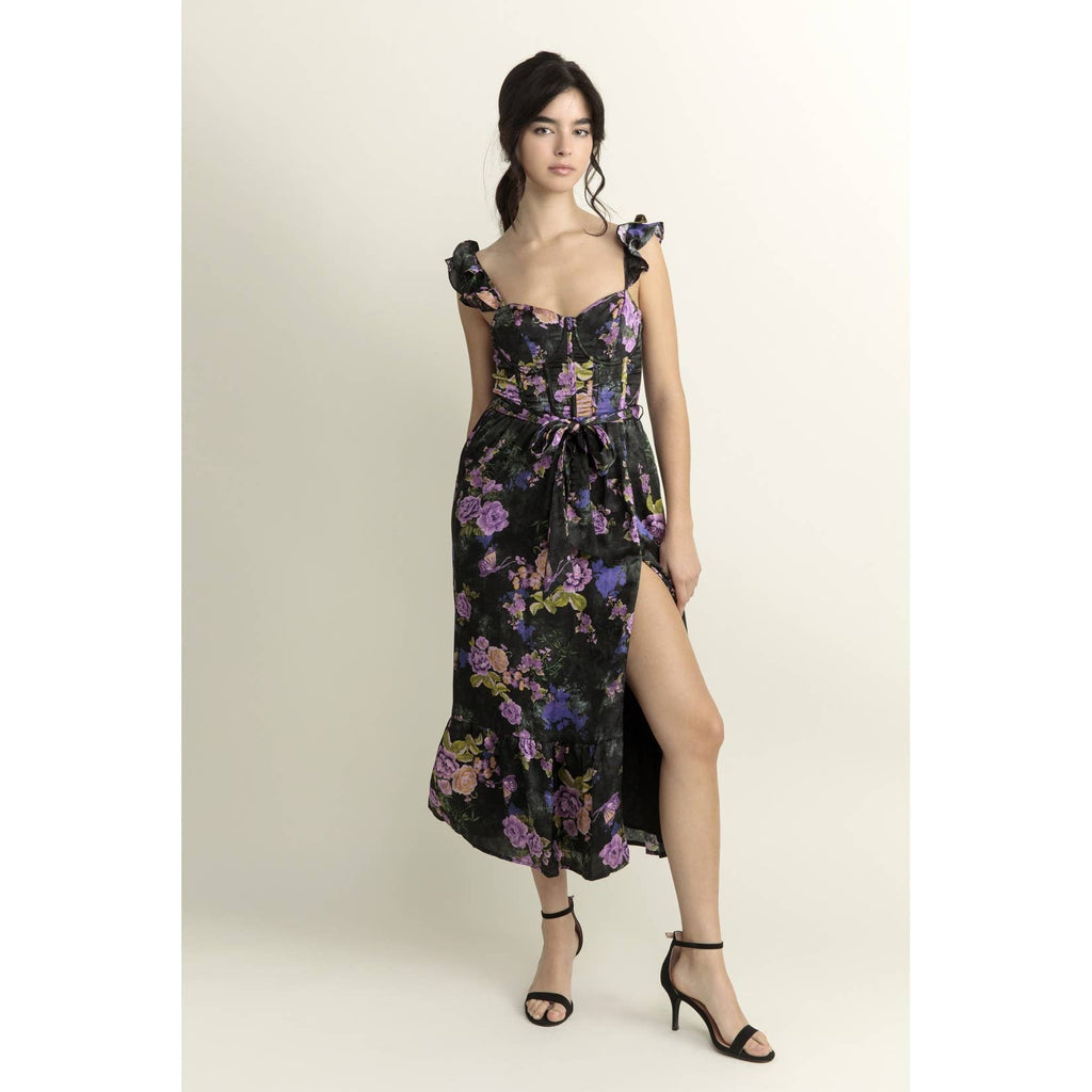 Bright Floral Corset Ruffled Midi Dress