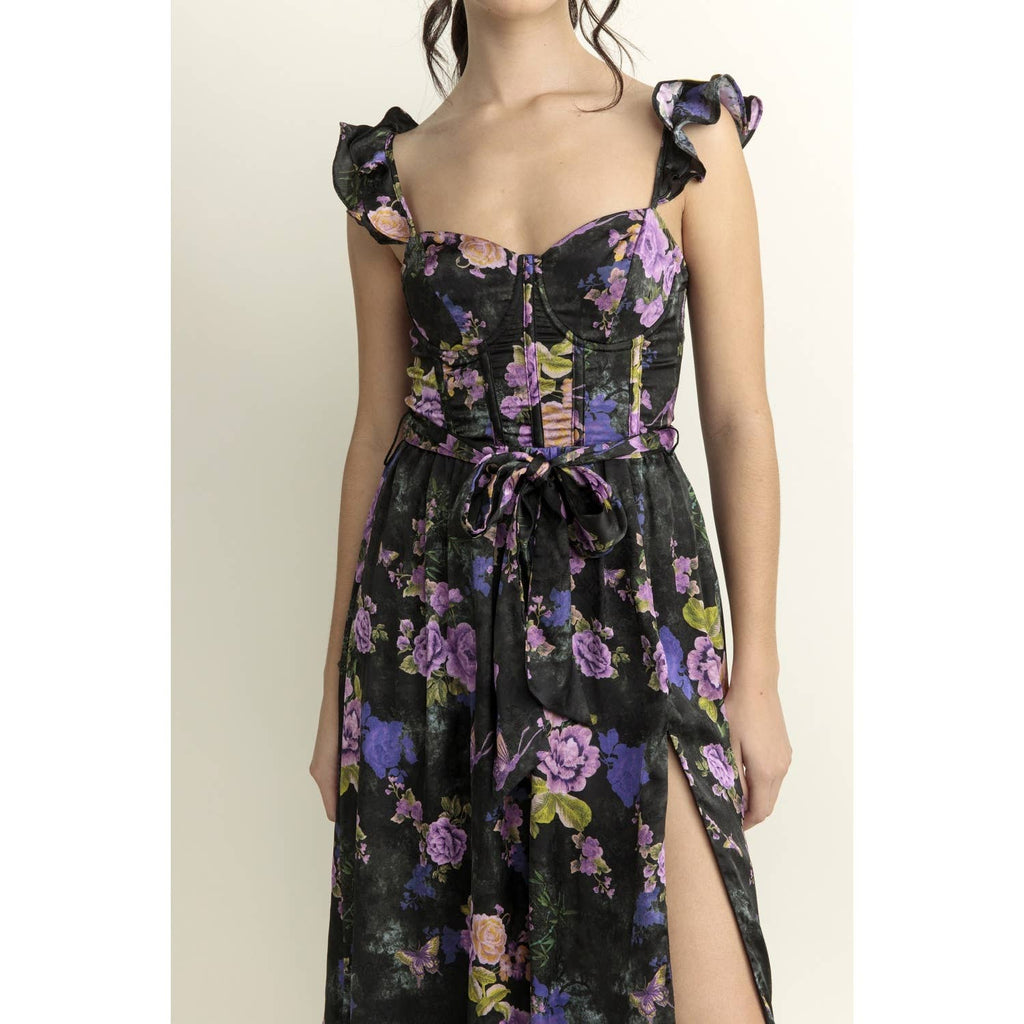 Bright Floral Corset Ruffled Midi Dress