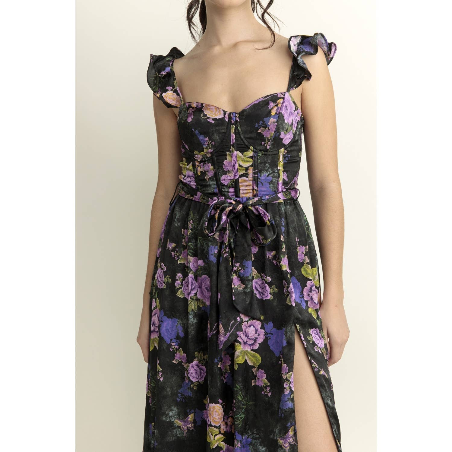 Bright Floral Corset Ruffled Midi Dress