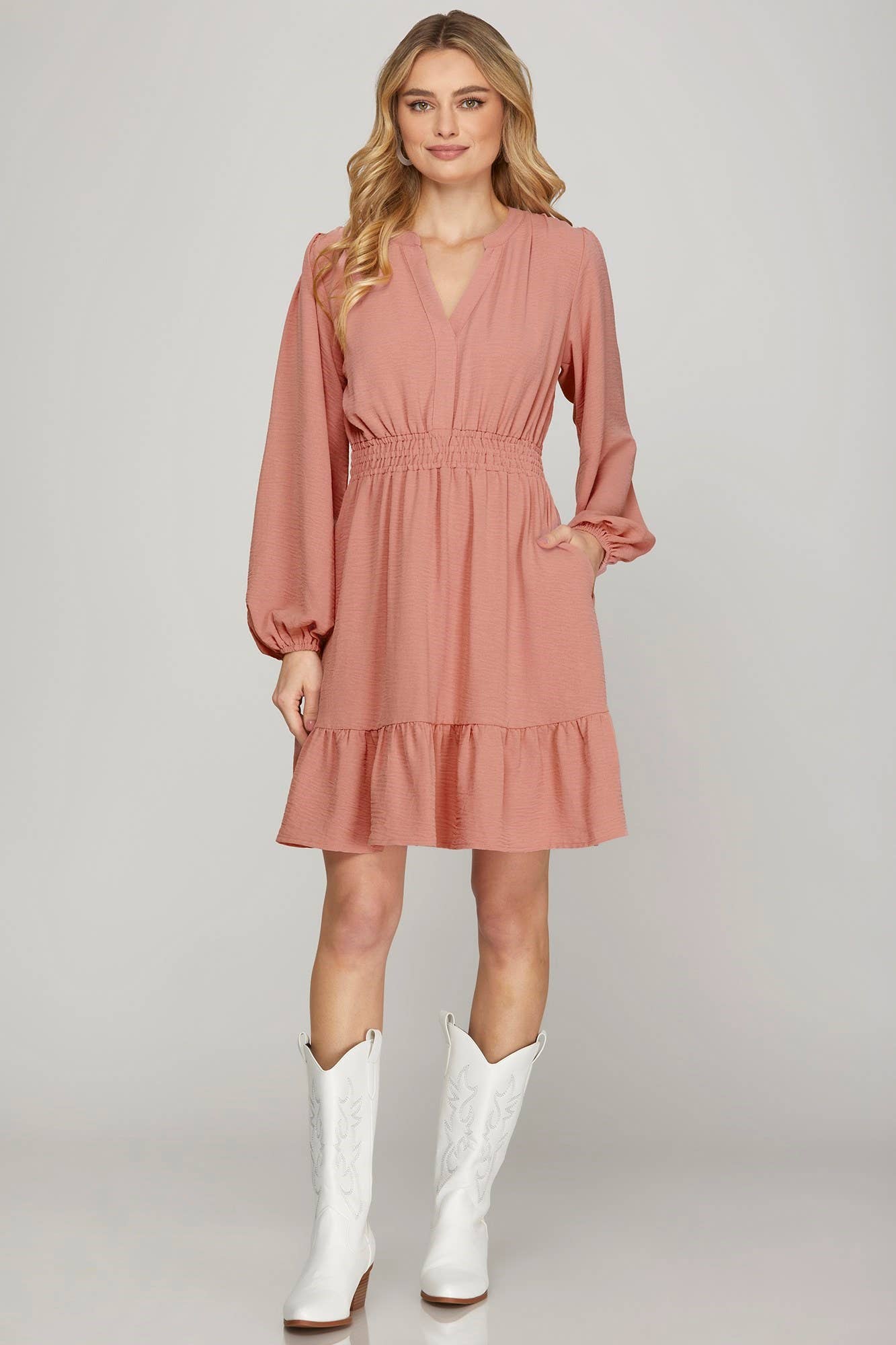 Long Sleeve Elastic Waist Woven Dress