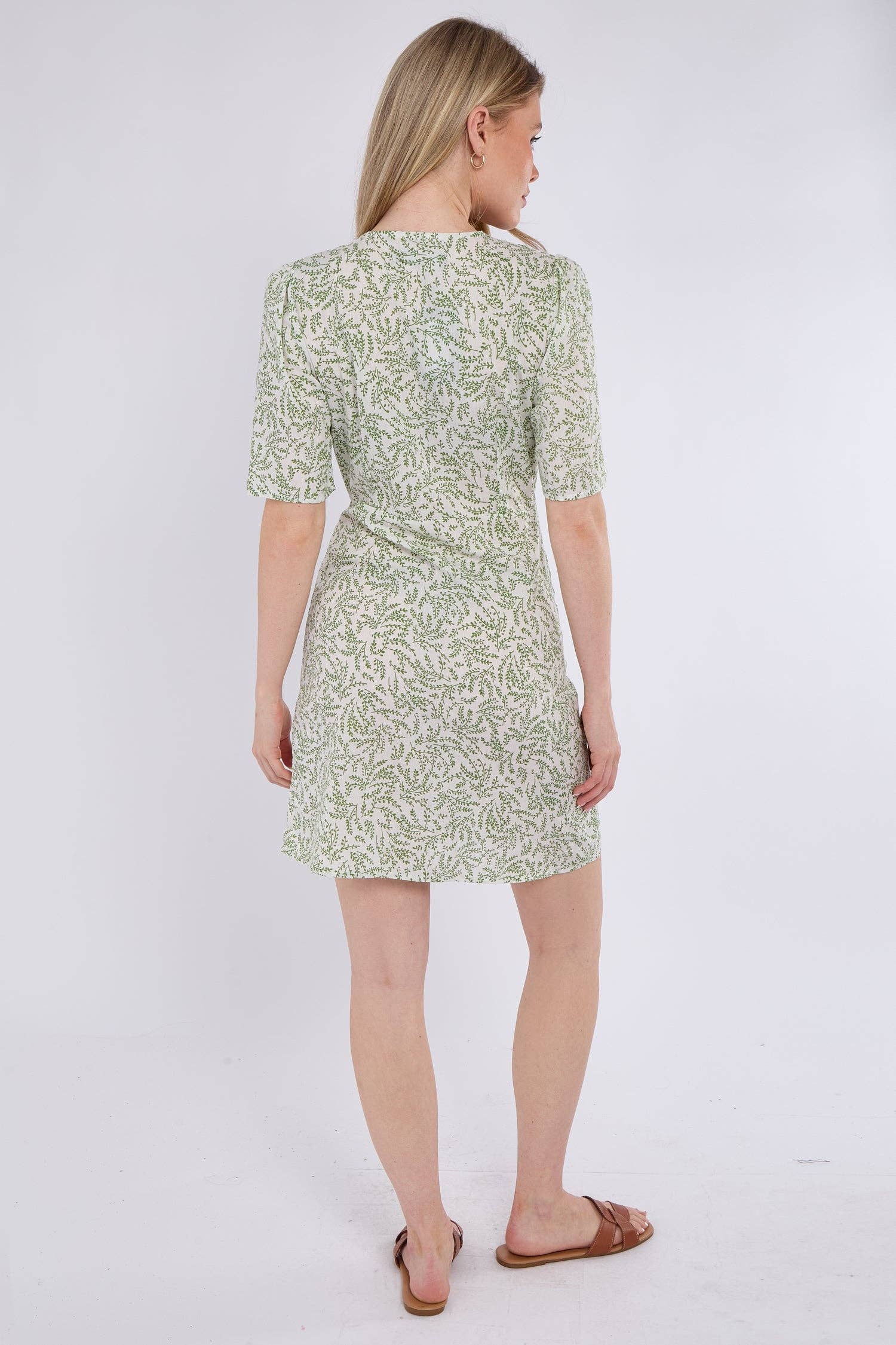 Light Green Leaf Print Knotted Mini Dress