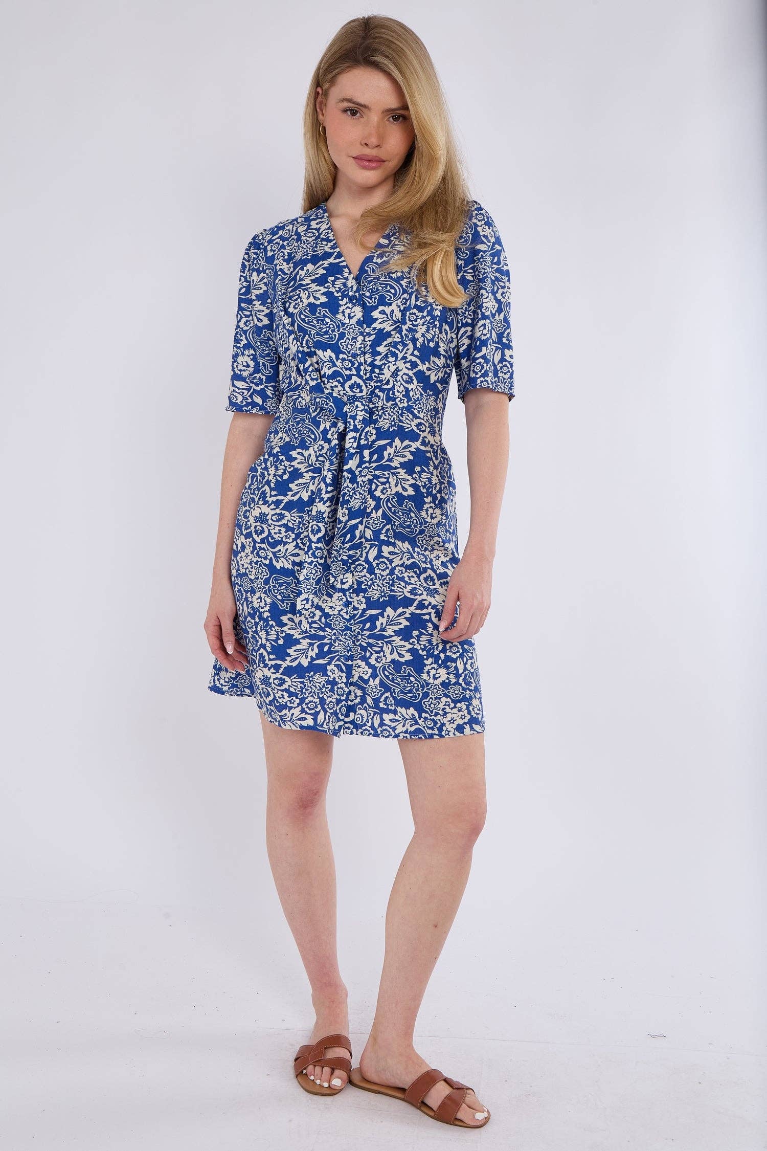 Blue Paisley Floral Print Knotted Mini Dress