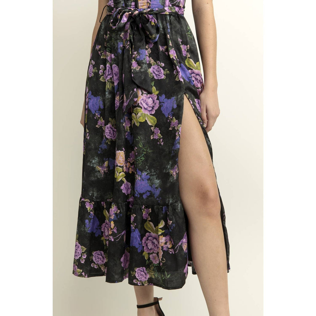 Bright Floral Corset Ruffled Midi Dress