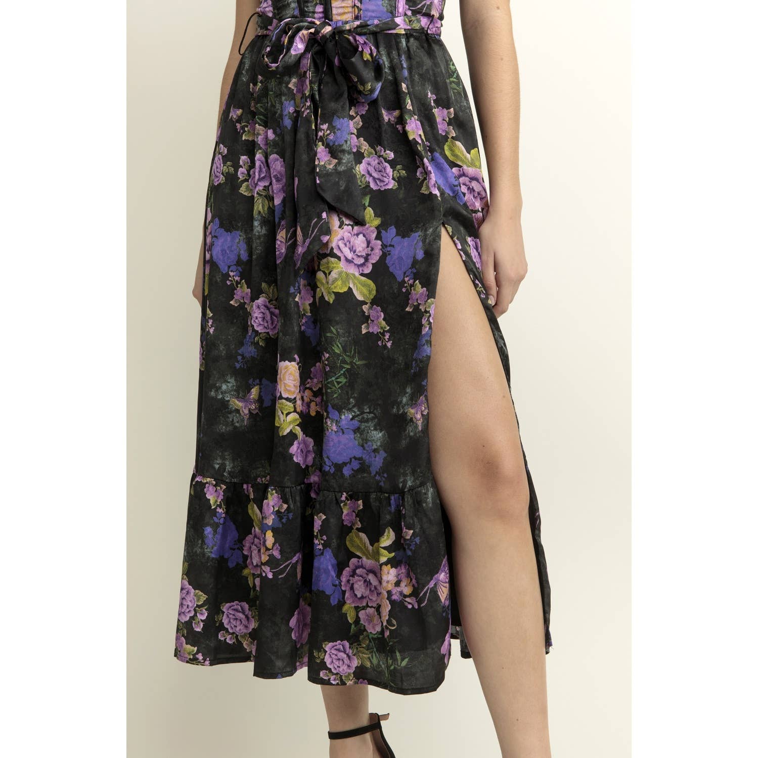 Bright Floral Corset Ruffled Midi Dress
